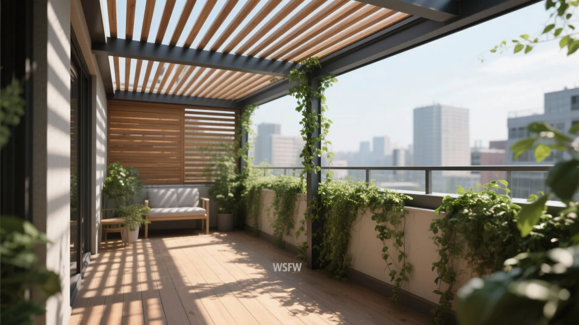 Modern rooftop balcony with wooden floor and roof slats plus green plants and city view