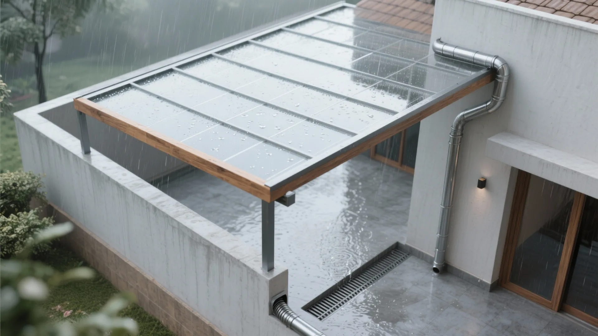 Modern patio glass roof with metal drainage system and wooden frame during a rainy day