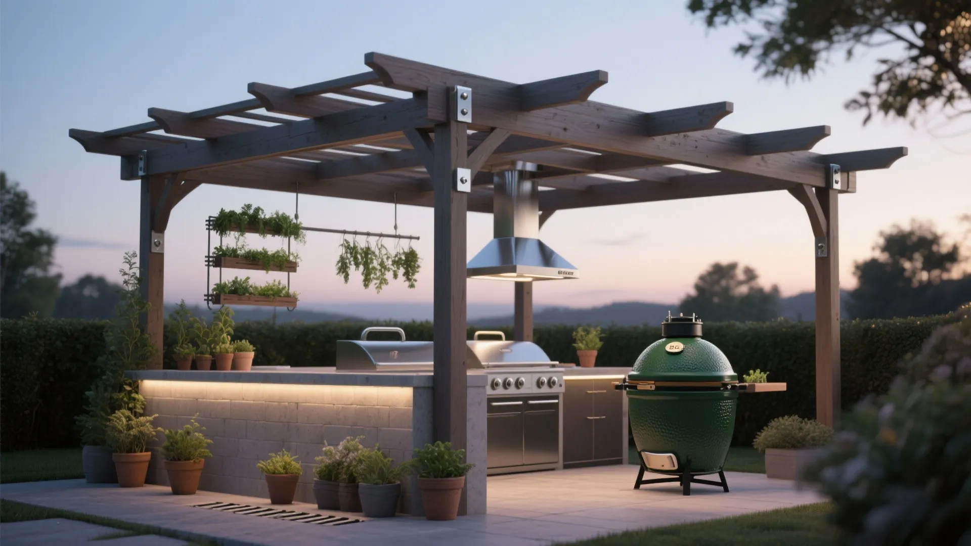 Pergola above a Big Green Egg with a stainless vent hood and hanging herb rack.