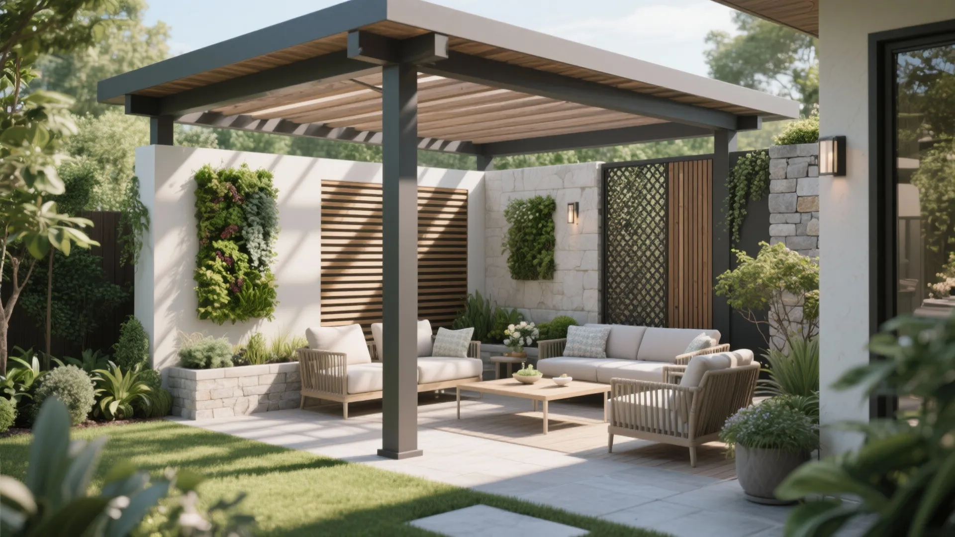 Modern backyard patio with grey sofa wooden coffee table white wall panels and green plant walls