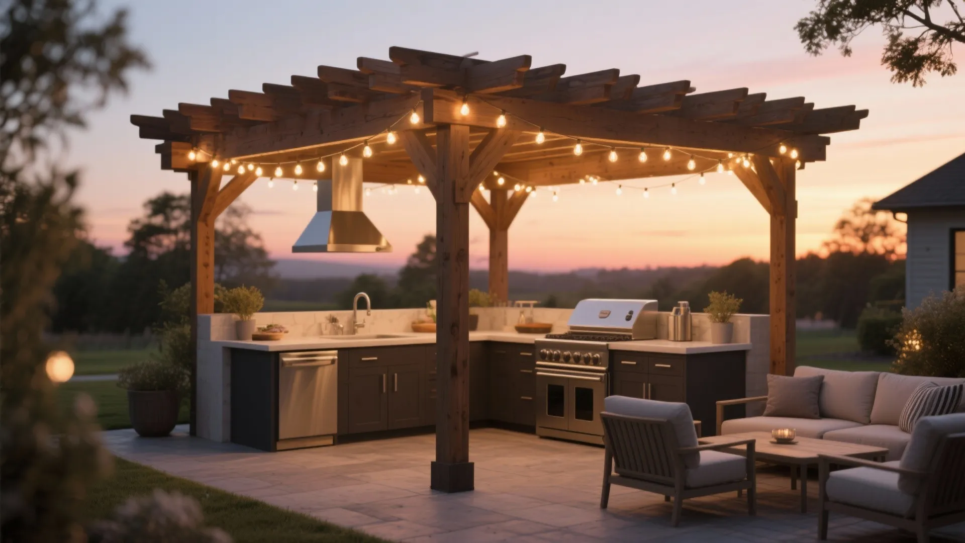 Outdoor kitchen with pergola and string lights at sunset