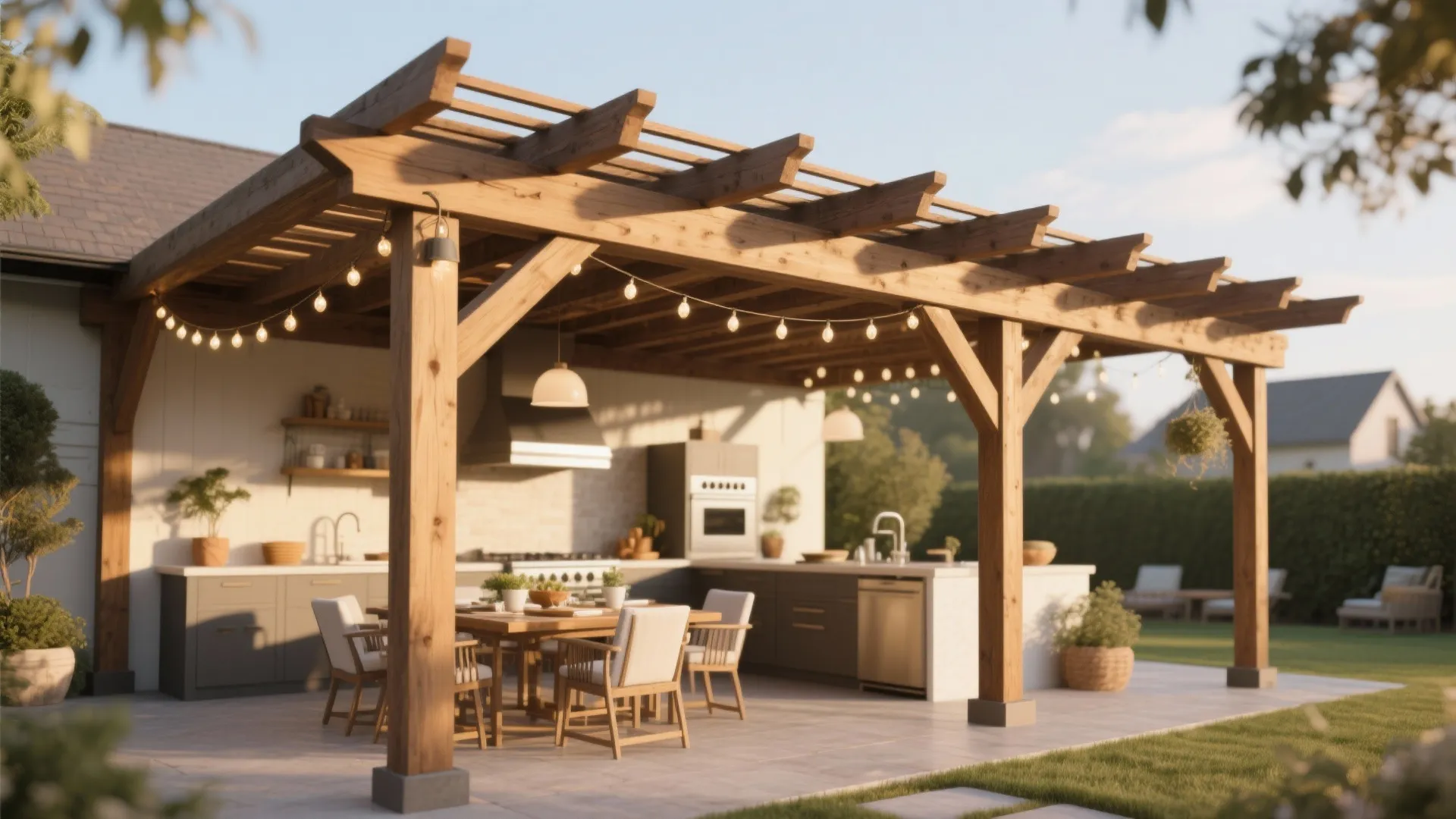 Large wooden roof structure over an outdoor kitchen and dining area with glowing string lights