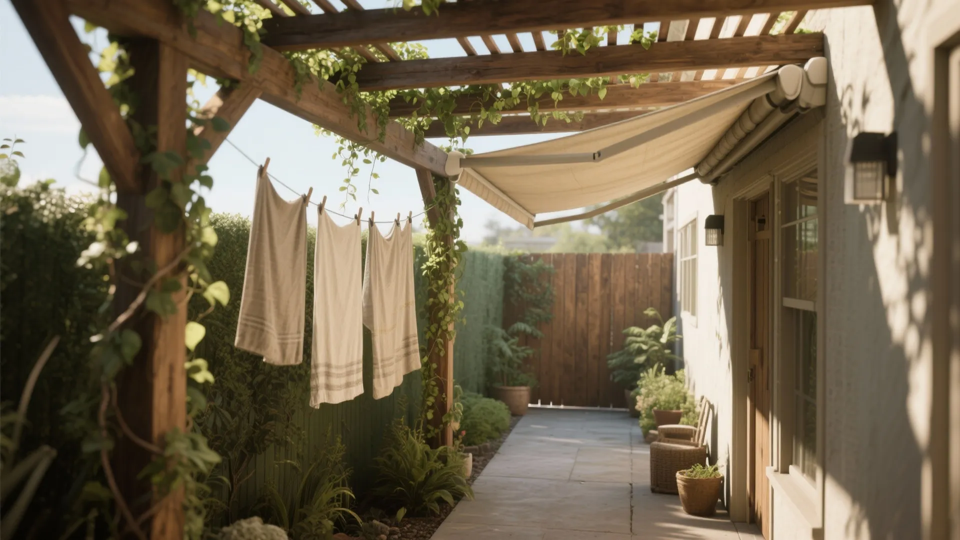 Backyard garden area with wooden frame hanging white towels on clothesline retractable awning and green plants