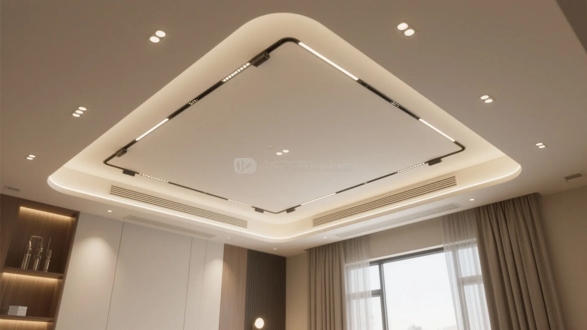 Perimeter drop to hide wiring, AC lines, and curtain pockets