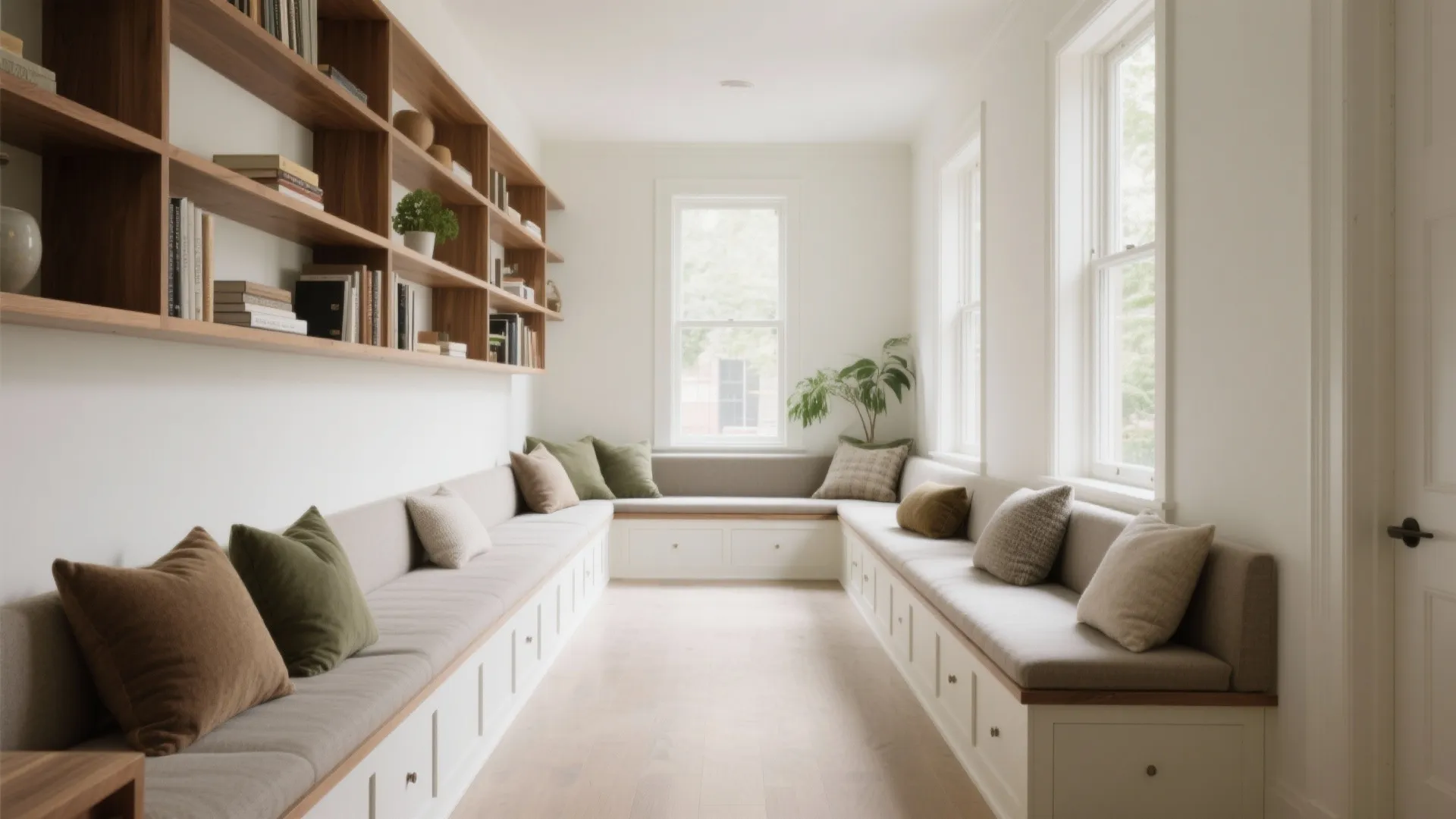 Perimeter Bench and Bookcase Seating Wall