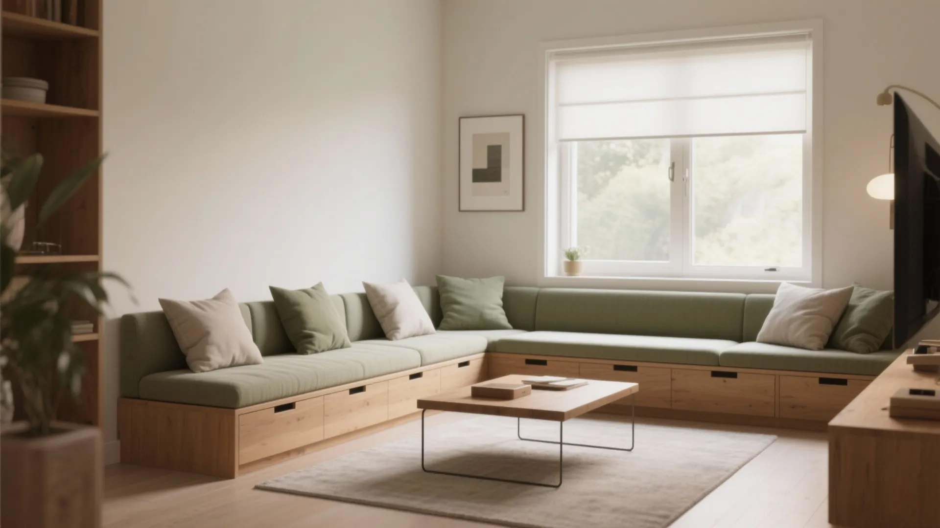 Slim built-in bench under a window with layered cushions, open center flow, and hidden storage in a compact living room.