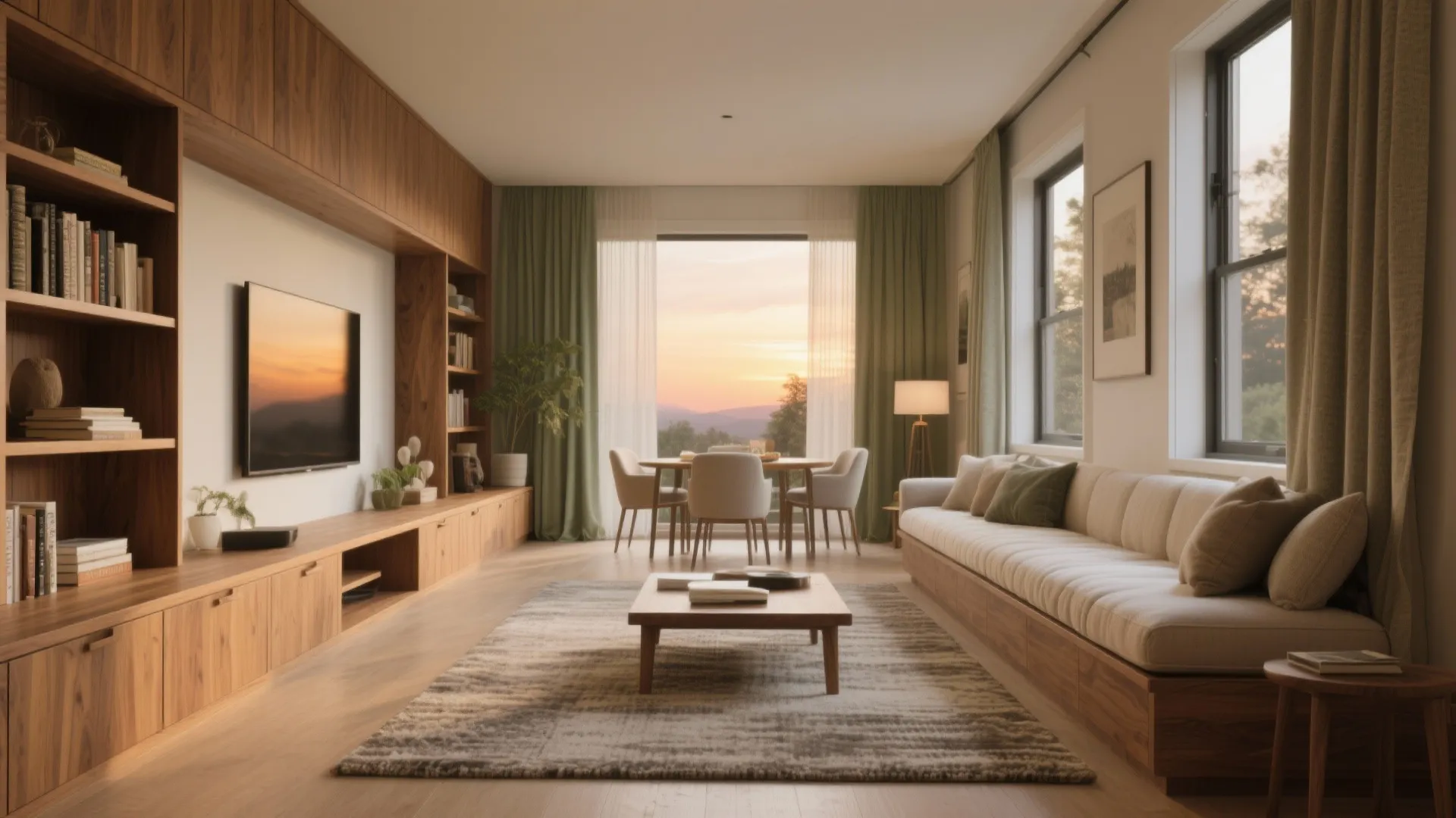 Warm Wood, Quiet Acoustics, and Built-Ins Along the Perimeter