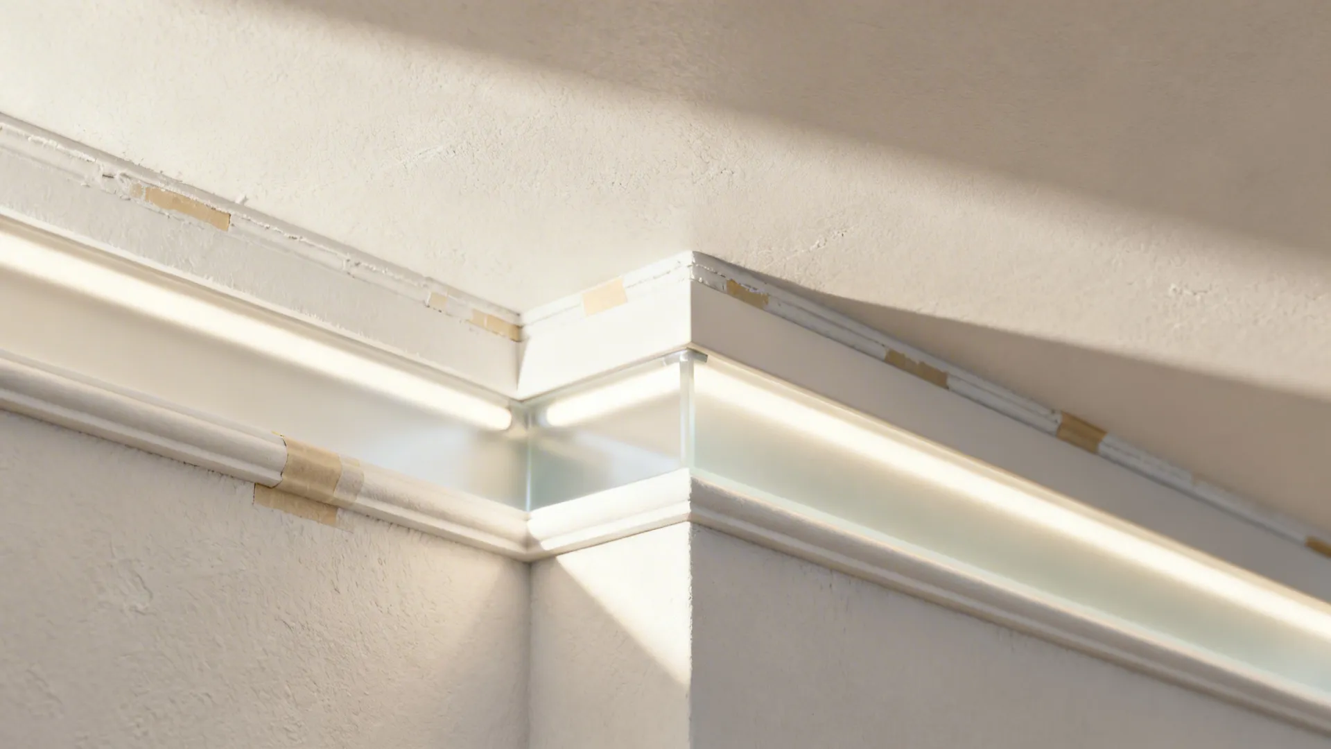 Macro of recessed perimeter LED channel with frosted diffuser and crisp corner.