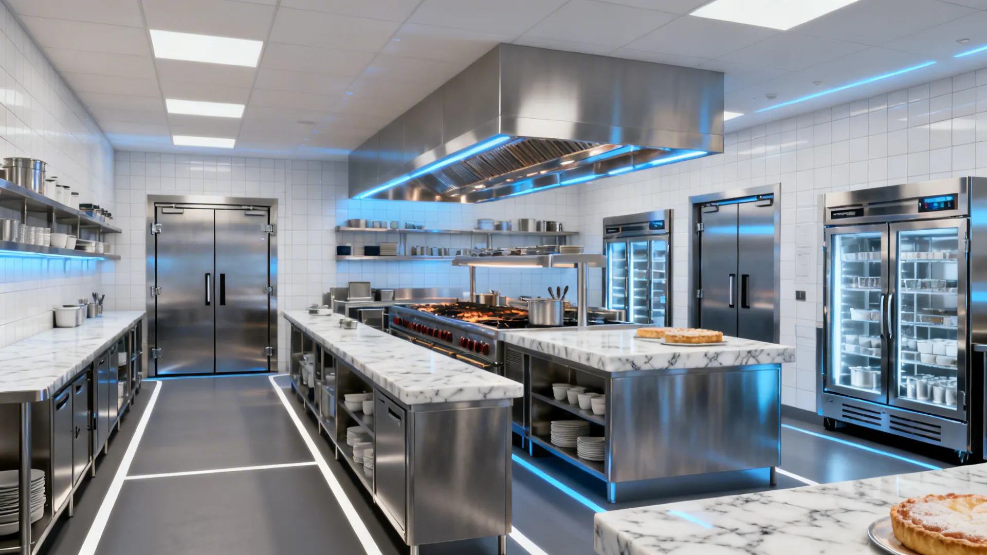 Modern commercial kitchen interior with stainless steel counters marble tops and blue light fixture accents