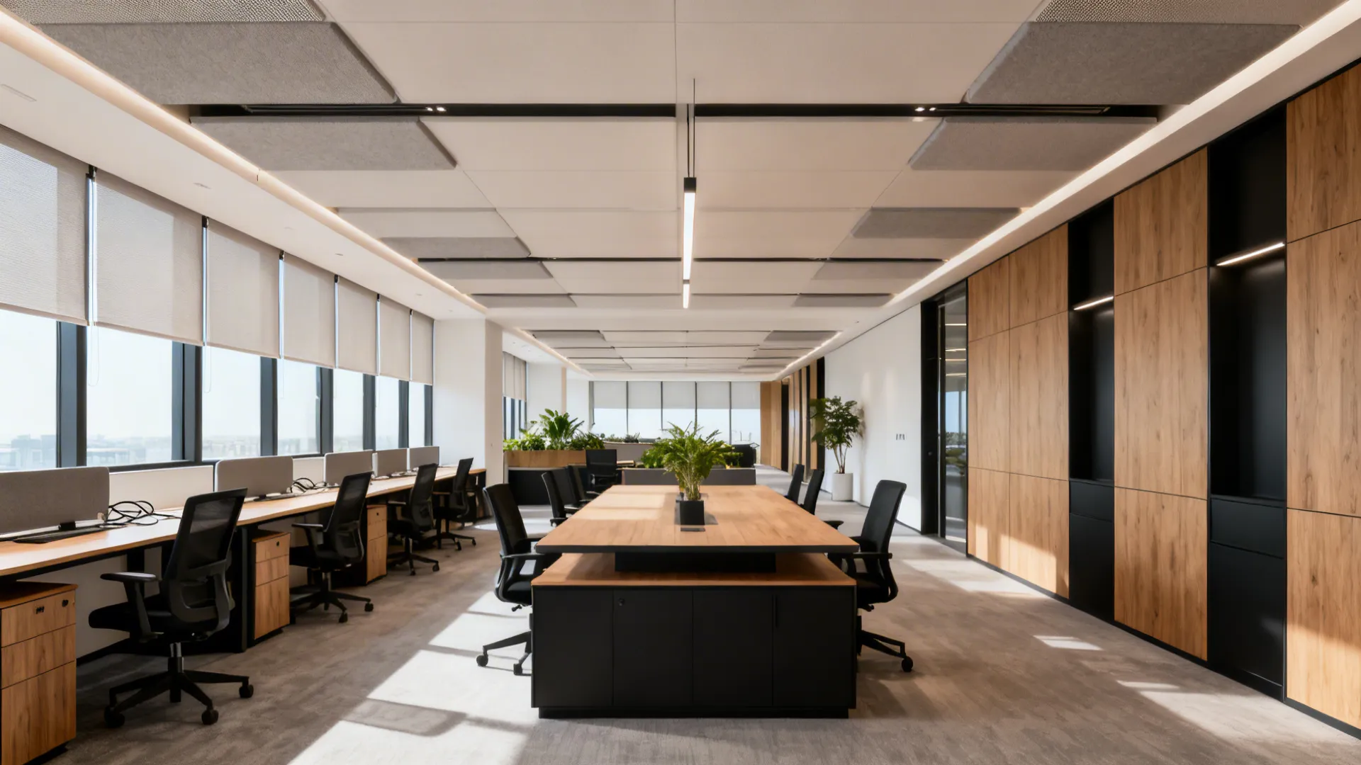 Perimeter desks along windows with a central collaboration island and clear circulation.