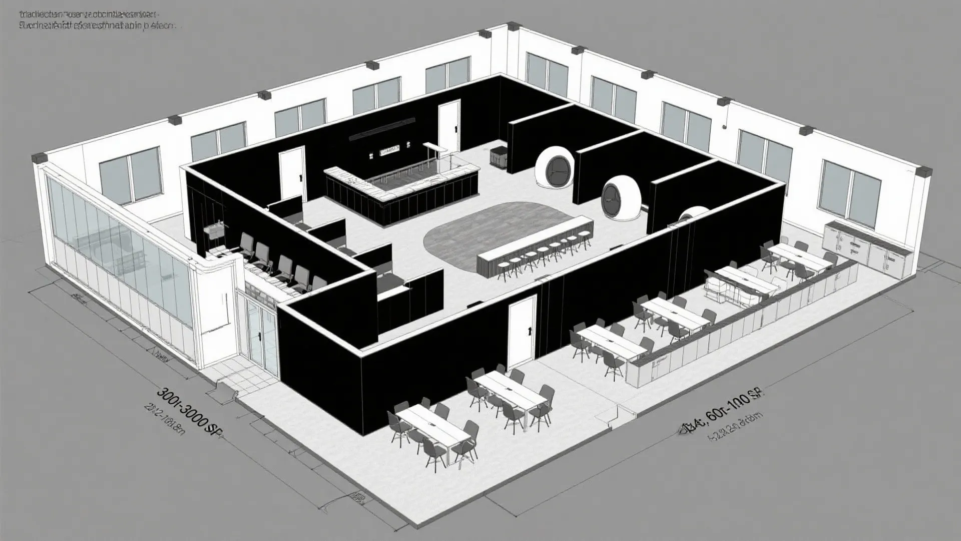 Interior design drawing of modern office layout featuring black walls with white desks and chairs