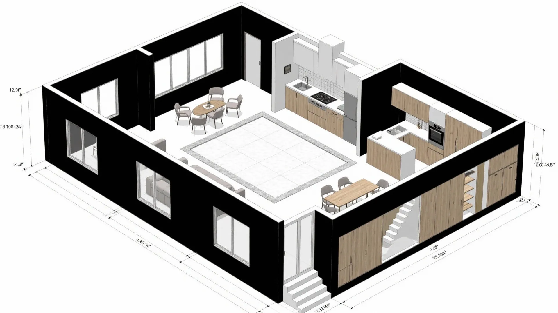CAD plan with rooms ringing a central courtyard and continuous perimeter millwork