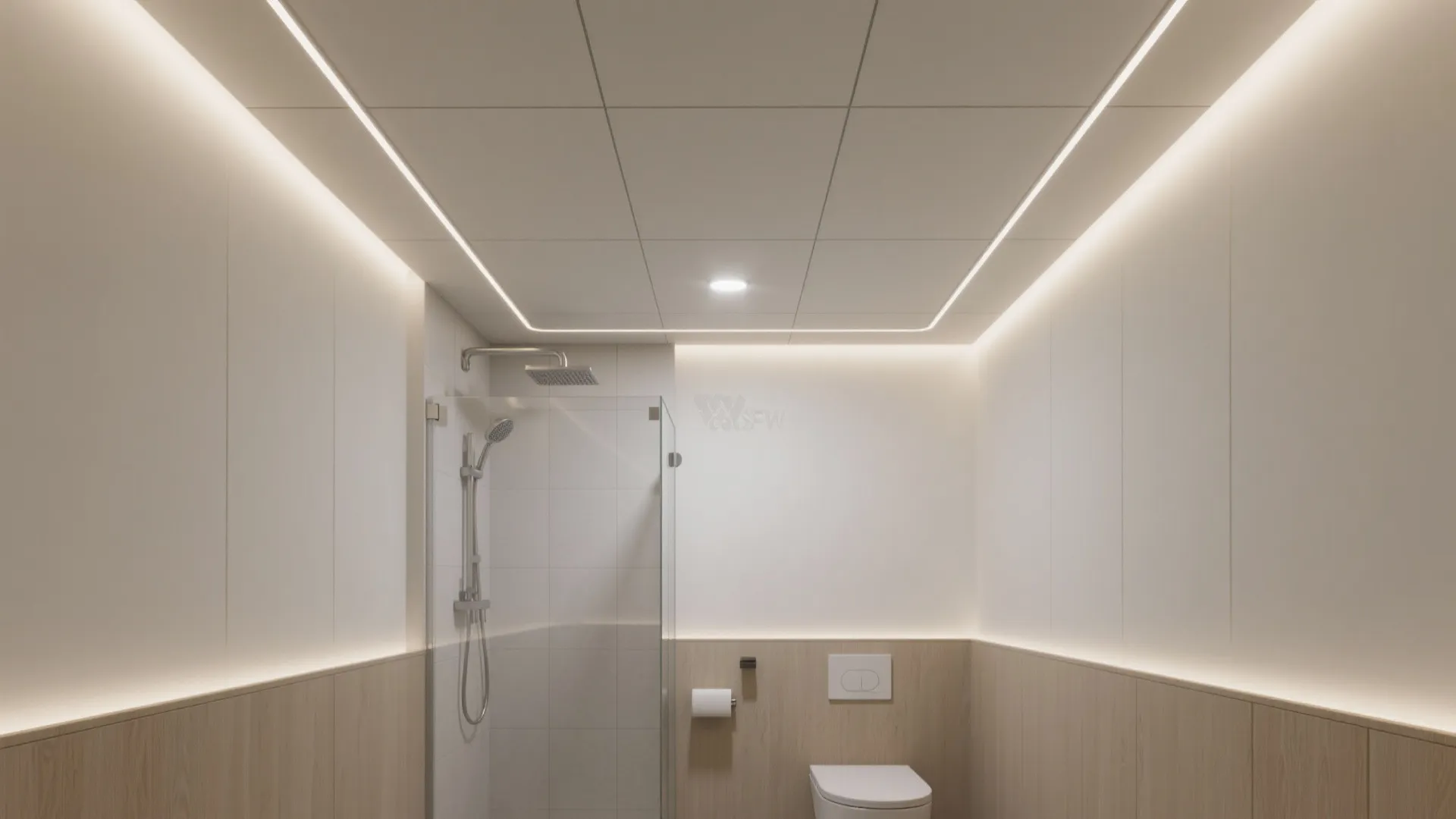 Clean bathroom design with glass shower toilet wood wall panels and glowing hidden ceiling lights