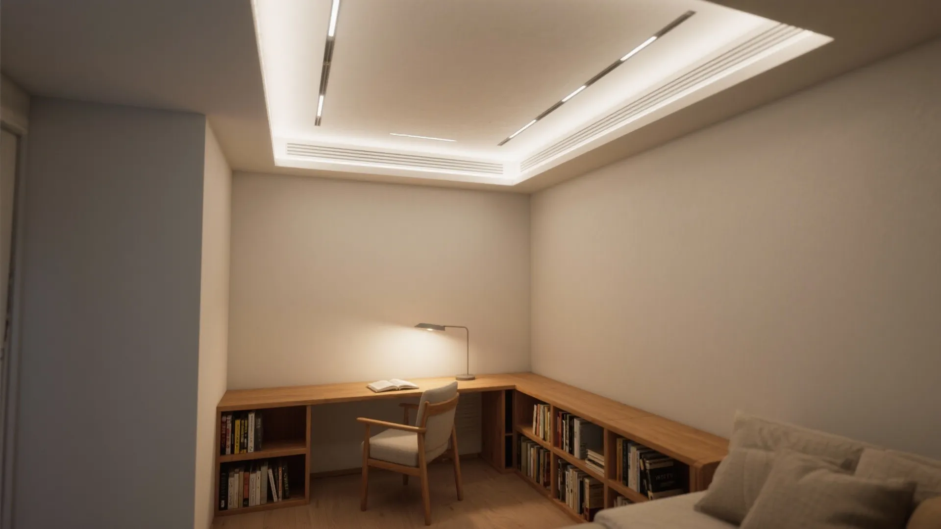Minimalist home office with wooden desk, chair, bookshelves, table lamp, and warm recessed ceiling light