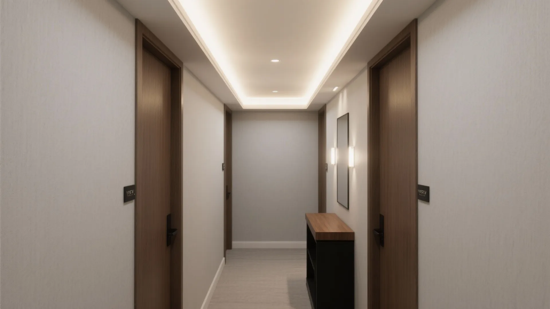 Simple hallway with wooden doors white walls black cabinet wall light and rectangular recessed ceiling lighting
