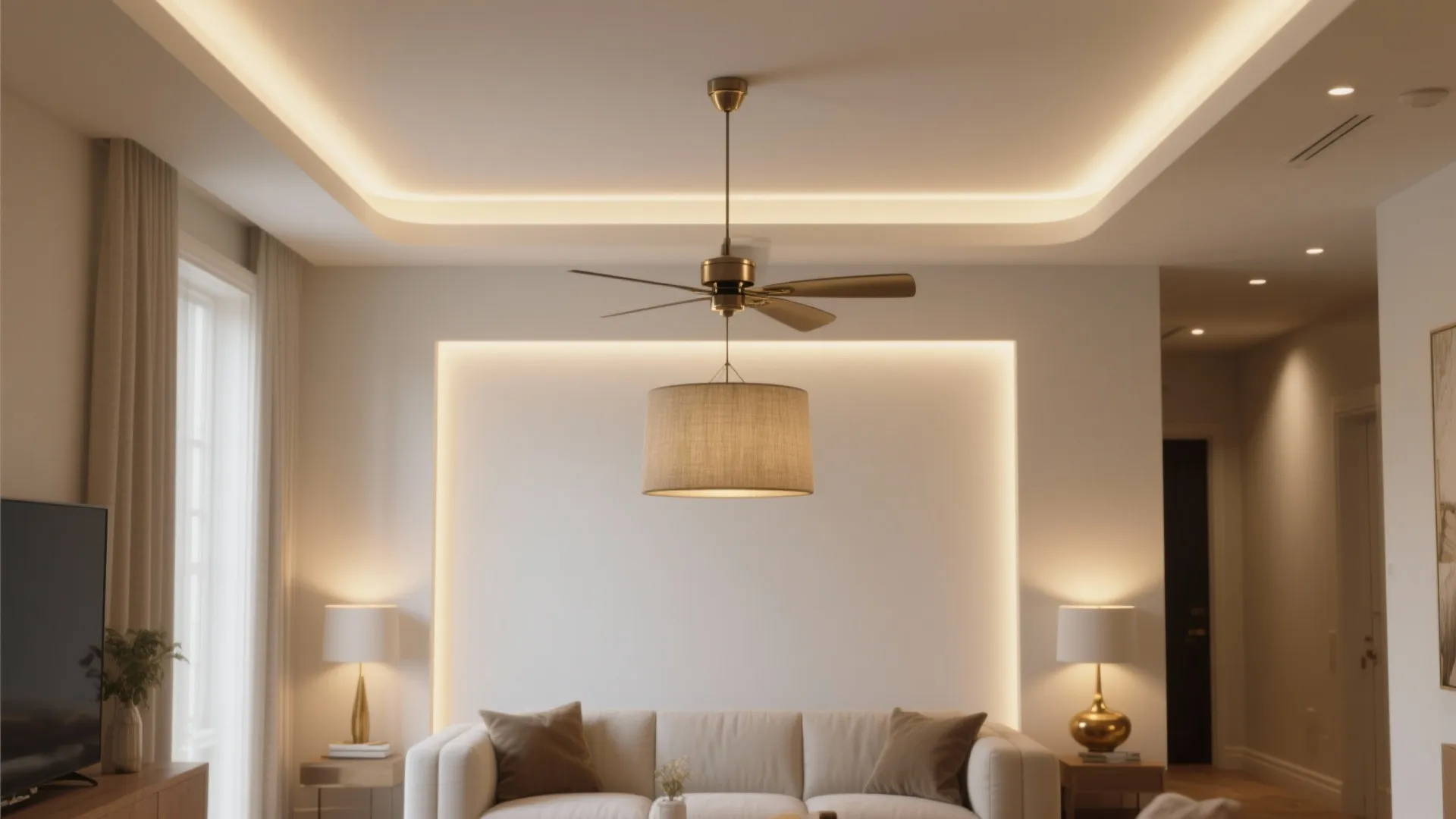 Bright living room with ceiling fan light fixture wall lights and warm white glow lighting