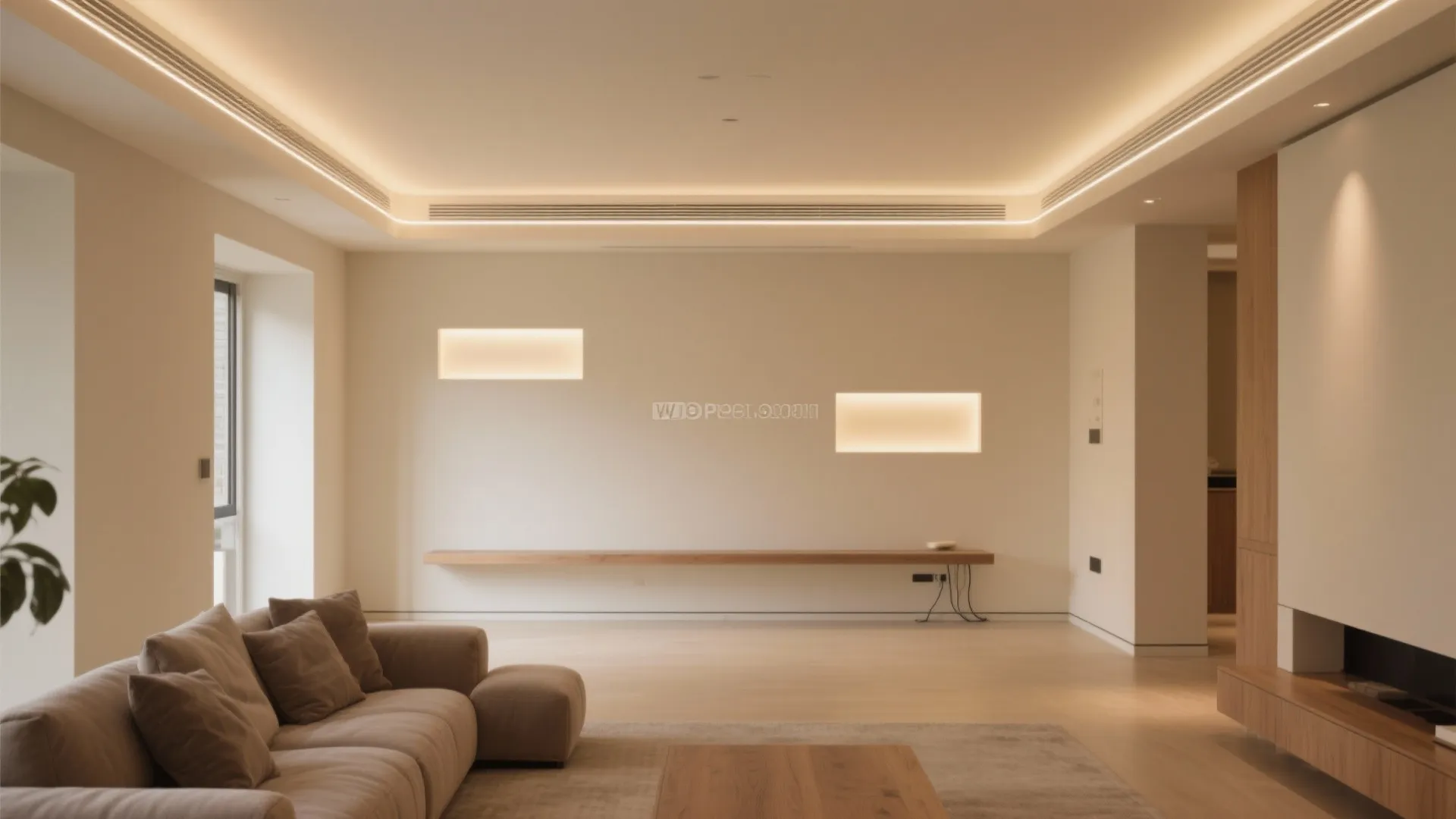 Modern living room with hidden ceiling lights beige sofa wooden floor and warm wall lighting