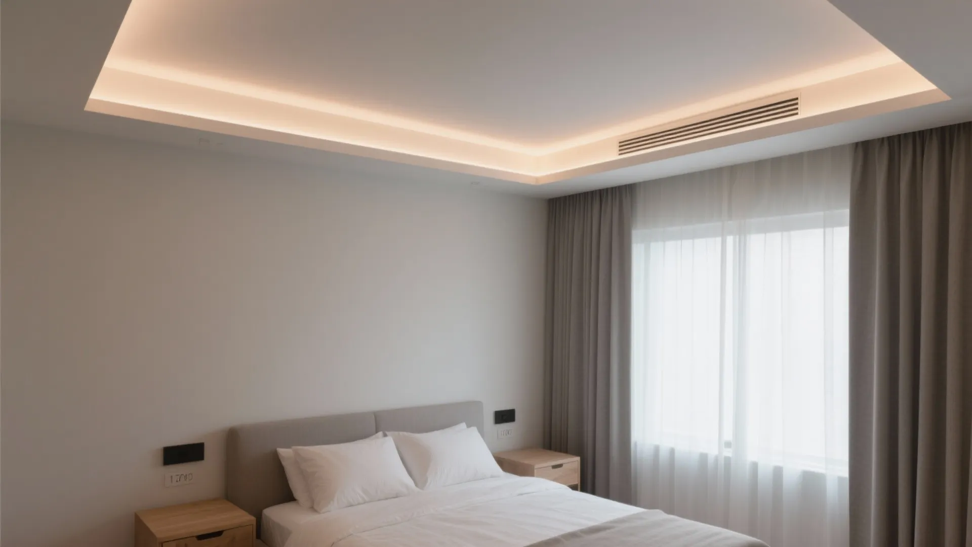 Modern minimalist bedroom featuring hidden ceiling light fixture grey curtain white bed and wooden table
