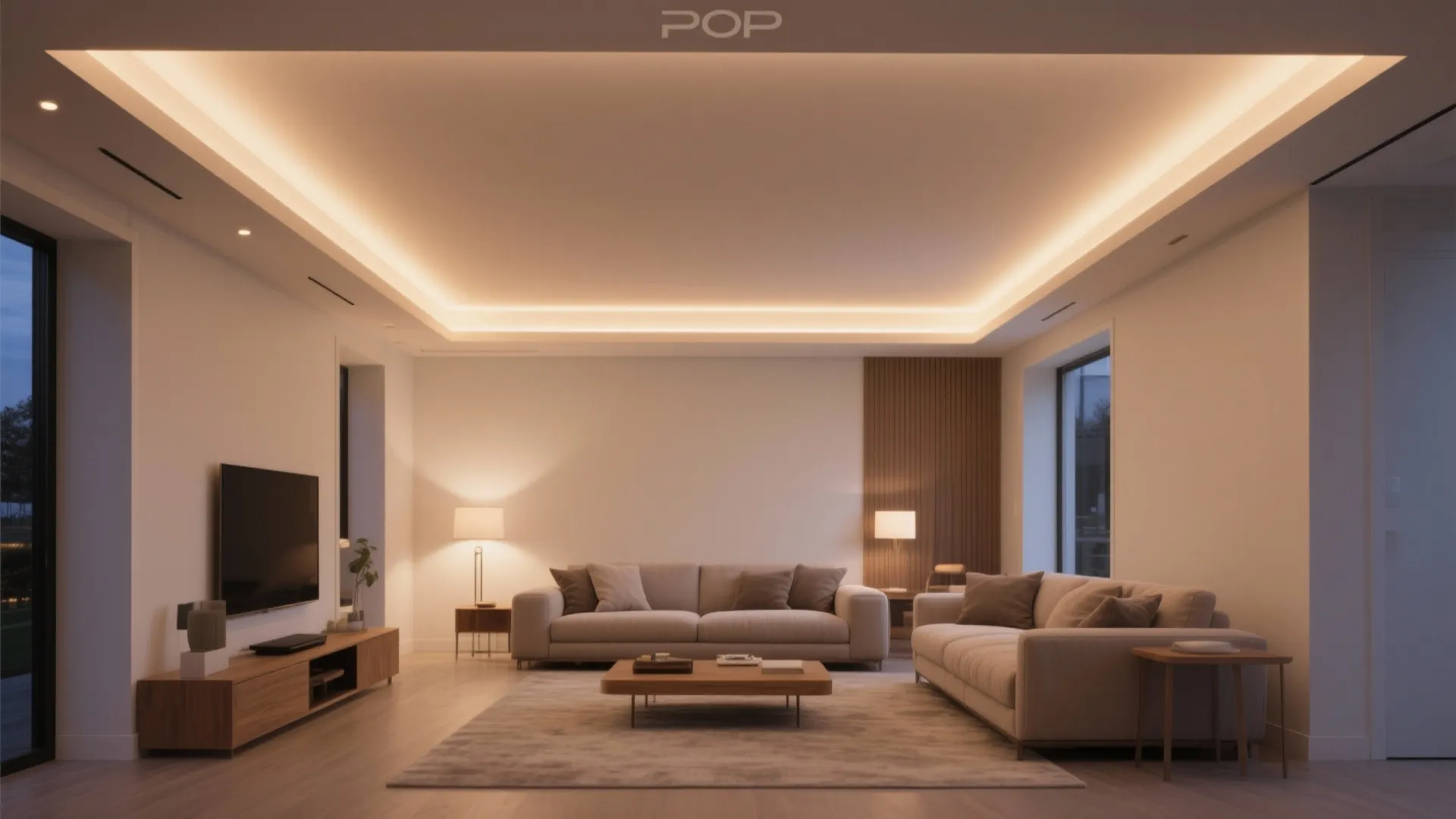 Cozy living room featuring two beige sofas wooden furniture warm floor lamps and perimeter cove lighting
