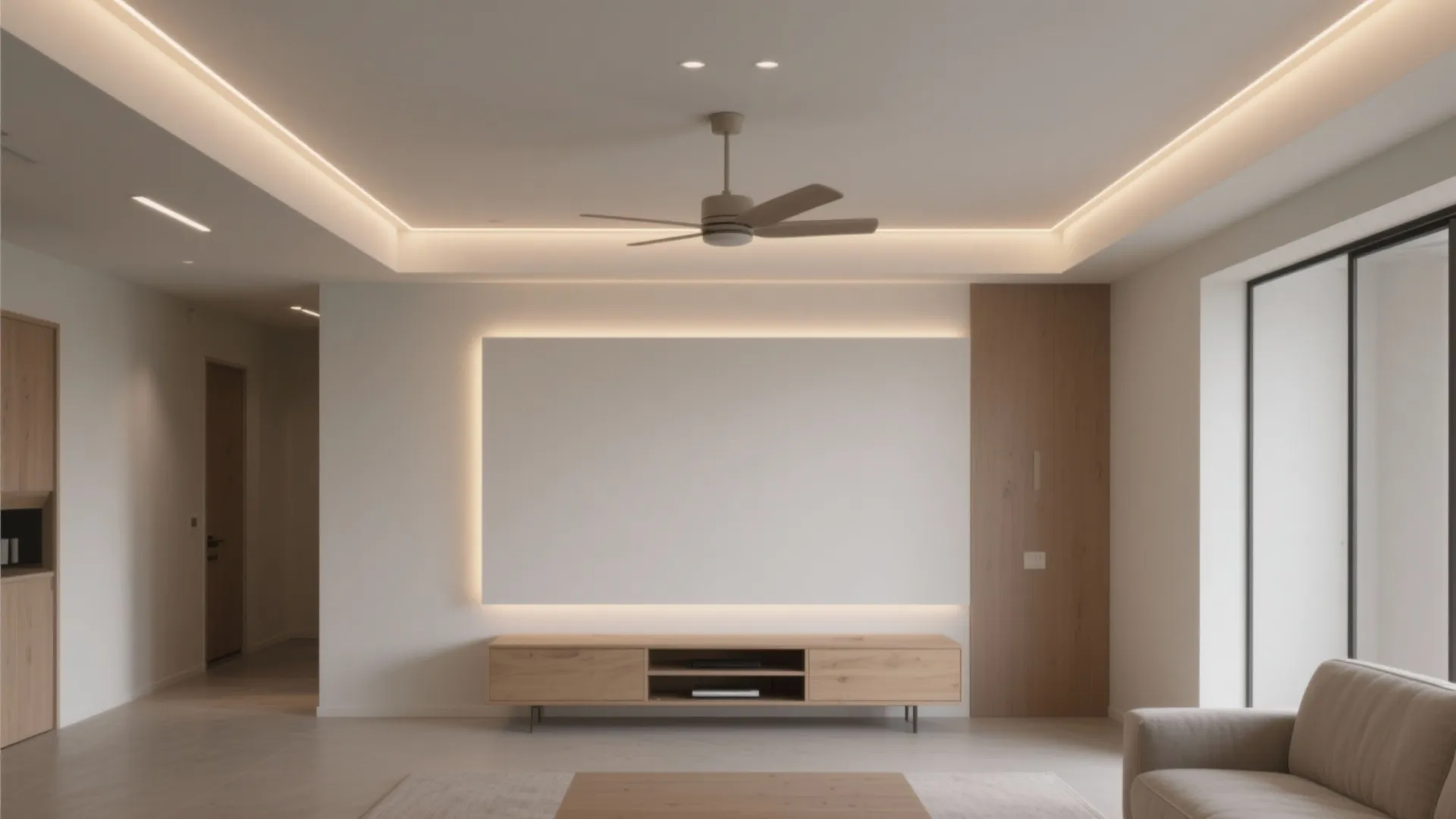 Minimalist living room with white wall panel wooden cabinet ceiling fan and warm hidden lighting