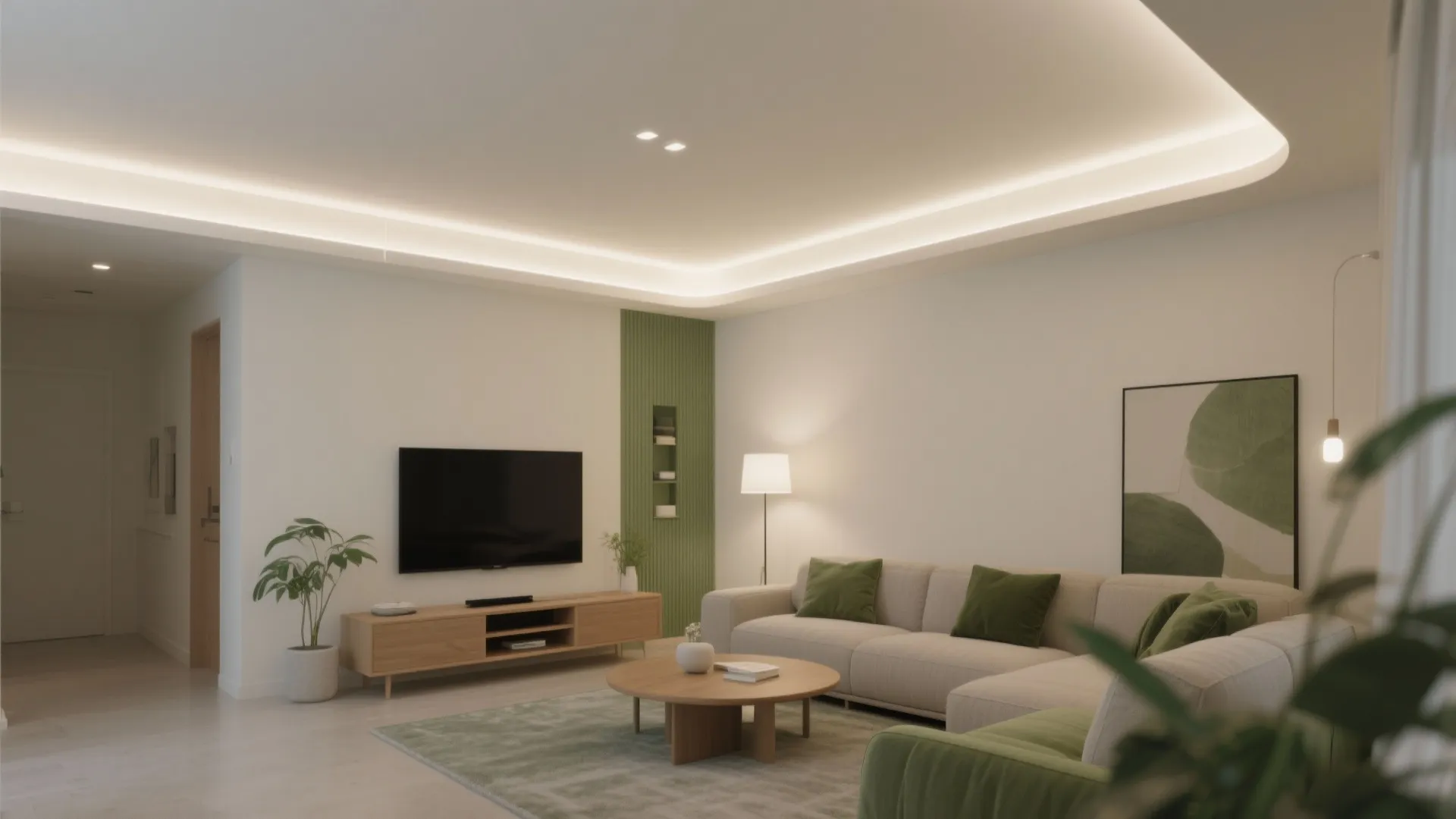 Modern living room with beige sofa green pillows wood coffee table and glowing ceiling light