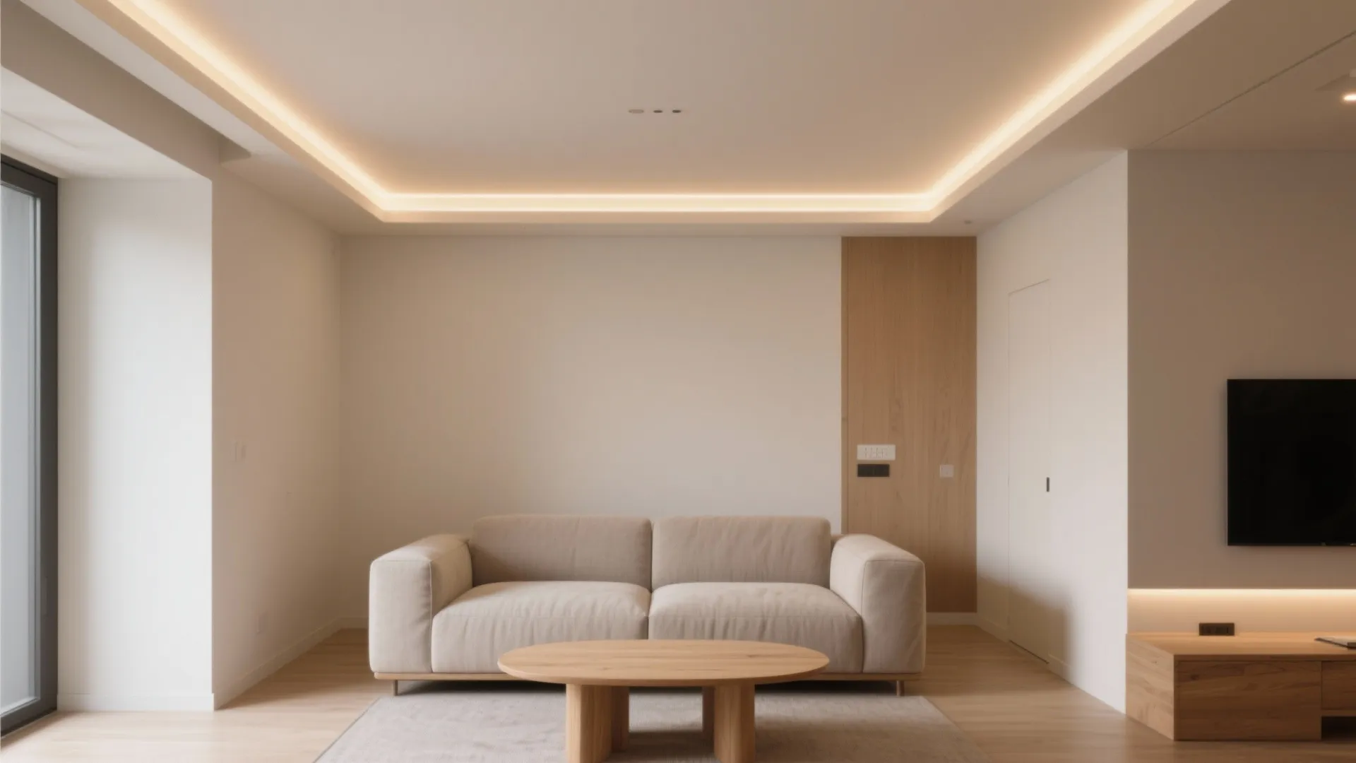 Minimalist living room featuring cream sofa wooden coffee table recessed ceiling lights and warm wall lighting