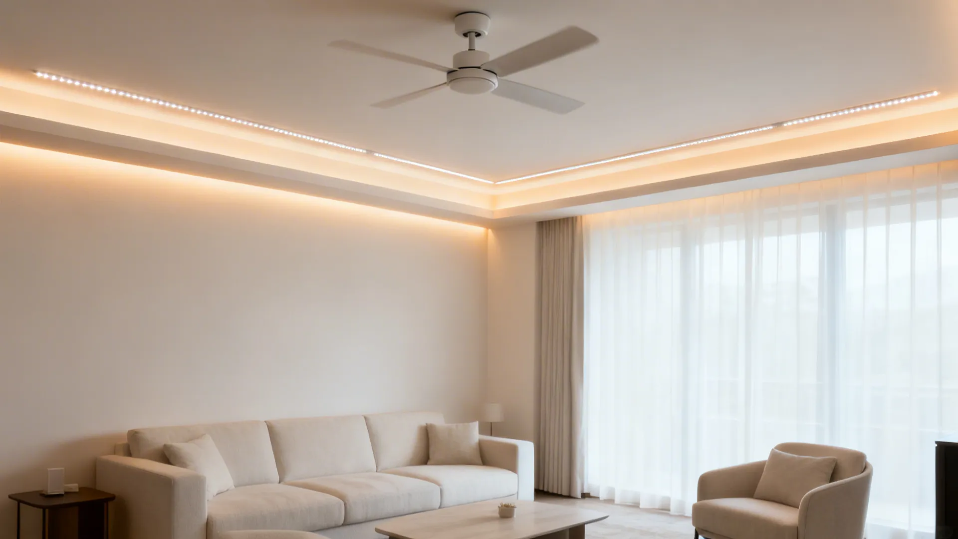 Small living room with soft perimeter cove lighting and a compact hugger fan centered on the ceiling.