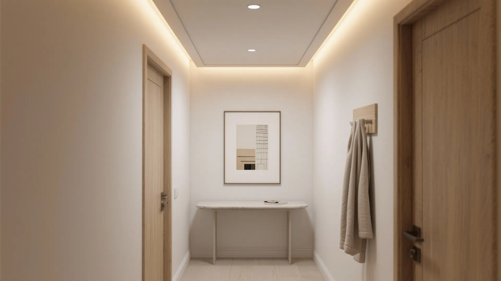 Warm light fixture along ceiling in white hallway with marble table framed art and door