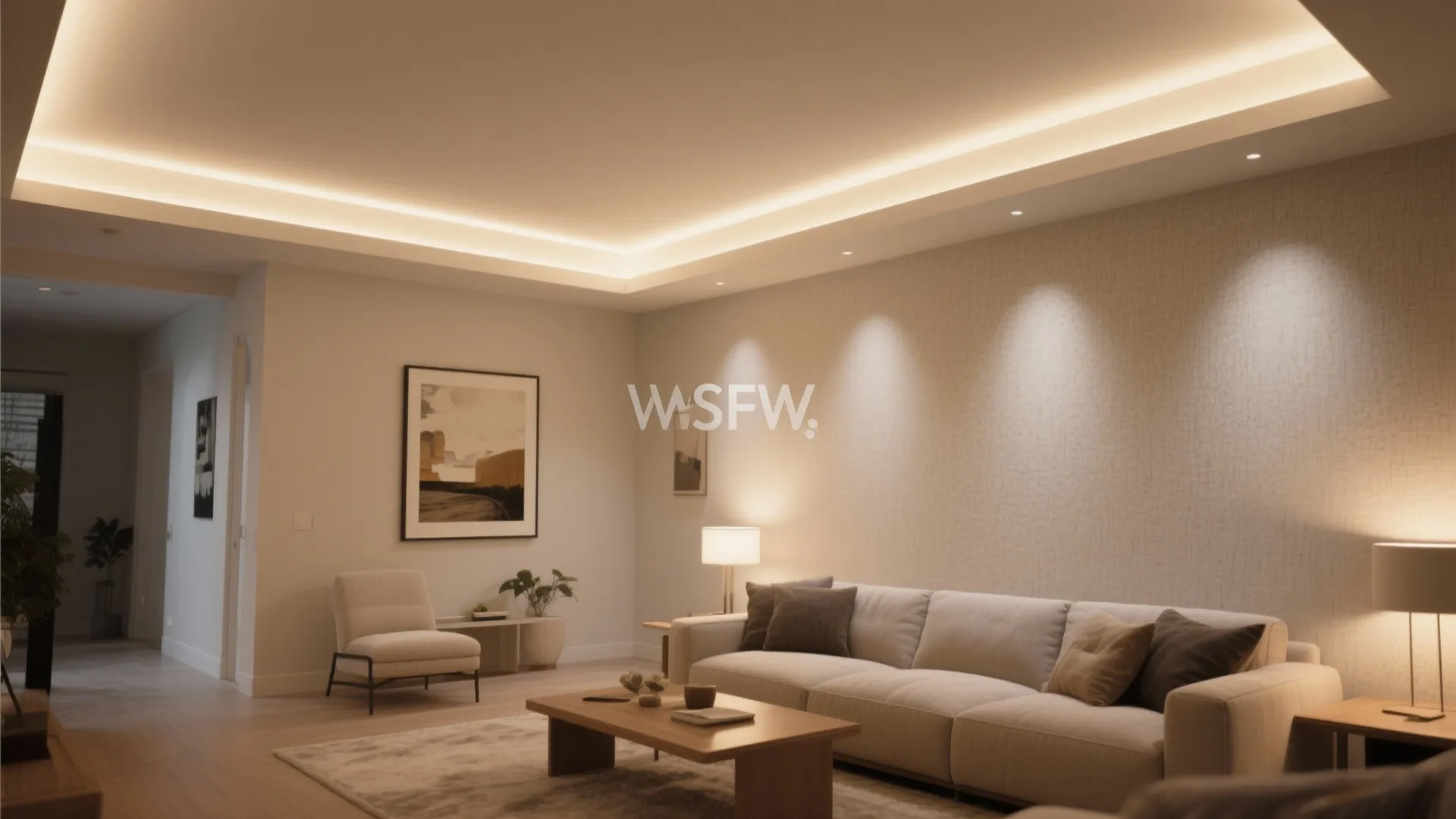 3) Perimeter cove lighting for a soft, floating ceiling effect