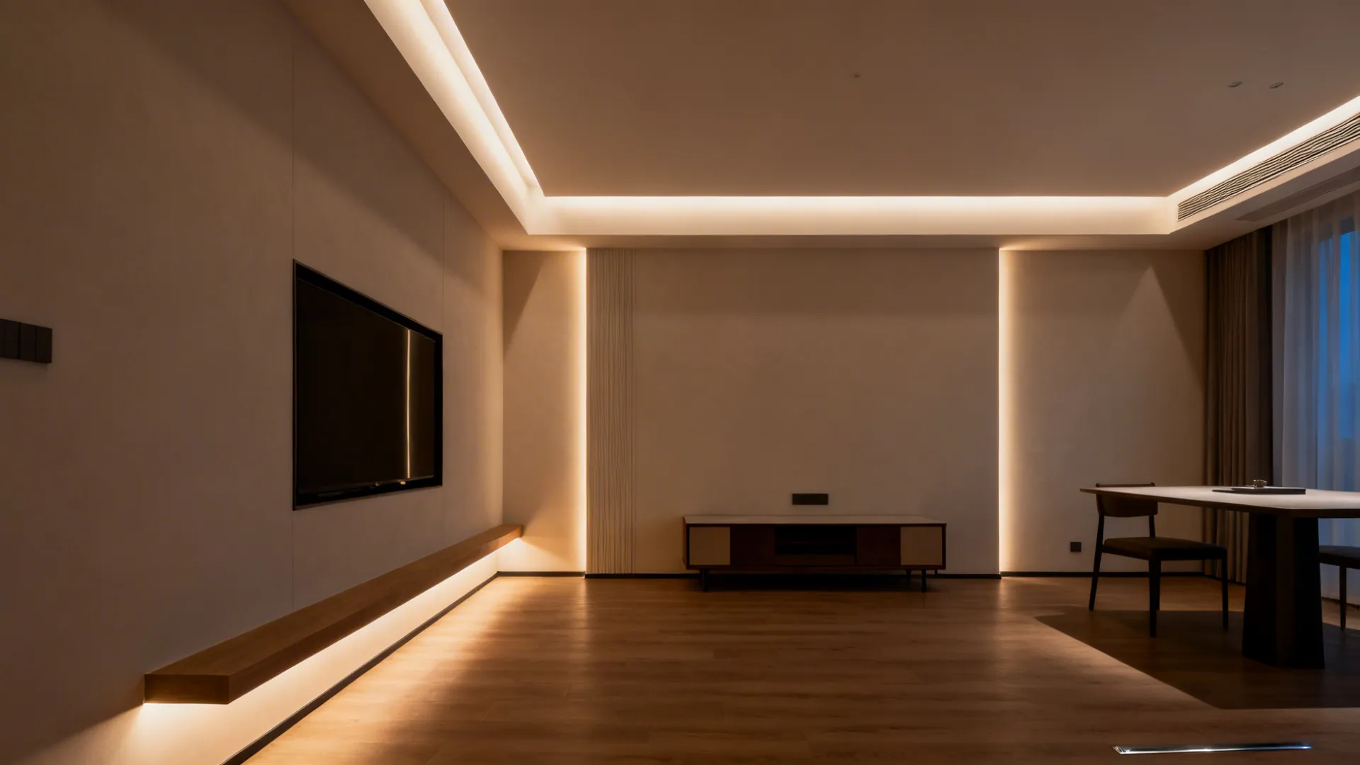 Living–dining with a recessed perimeter cove washing walls in warm dimmable light.