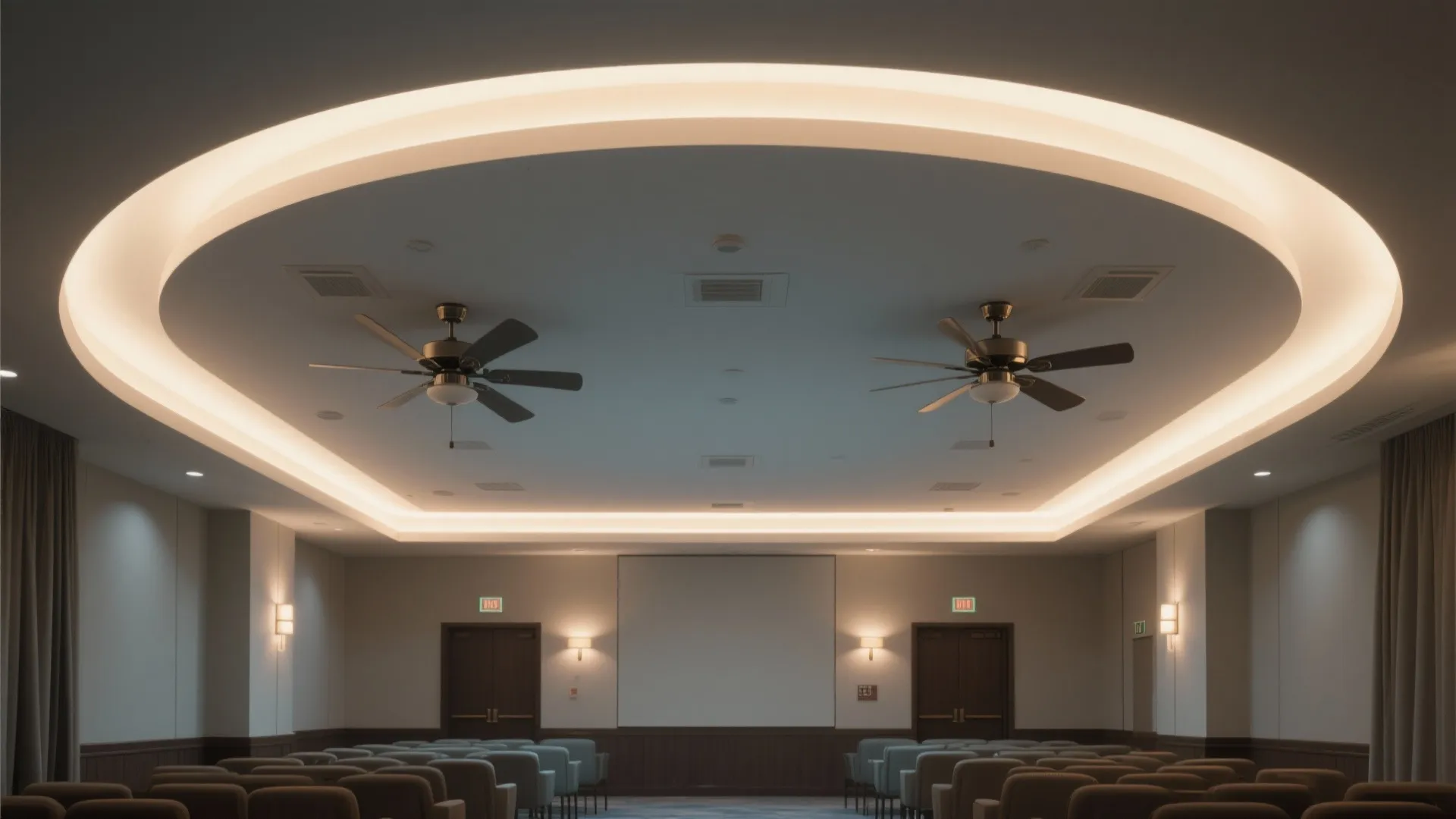 Meeting room with oval ceiling light design two ceiling fans rows of chairs and screen