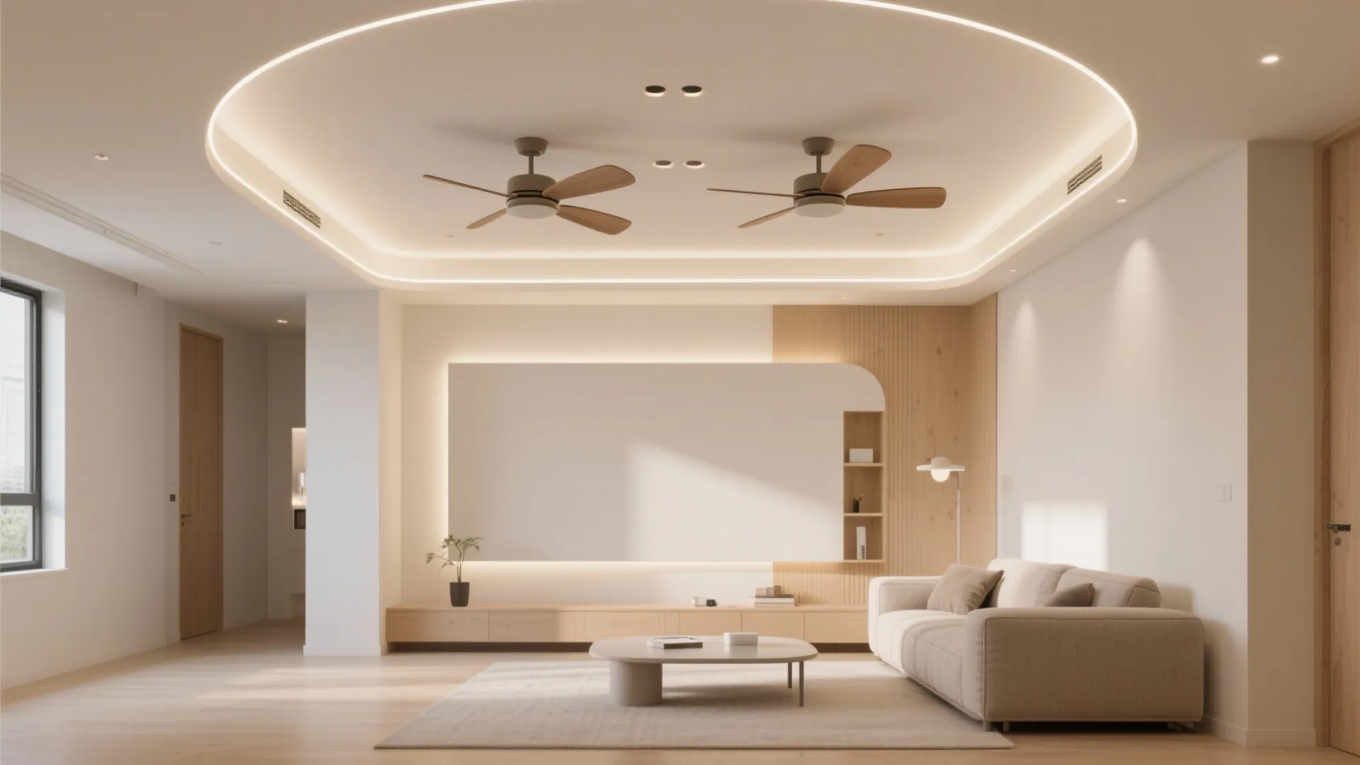 Minimalist living room with white sofa coffee table hidden wall lights and two ceiling fans