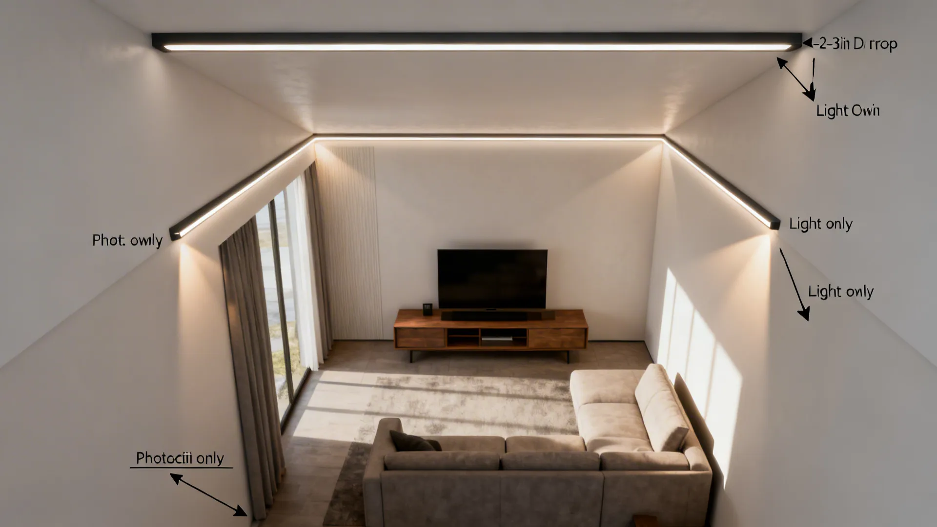 Top-down view showing a slim perimeter LED cove around a small living room.