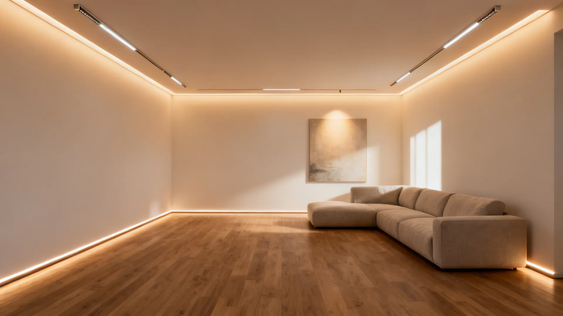 Minimalist perimeter cove lighting floating a ceiling in an L-shaped living room