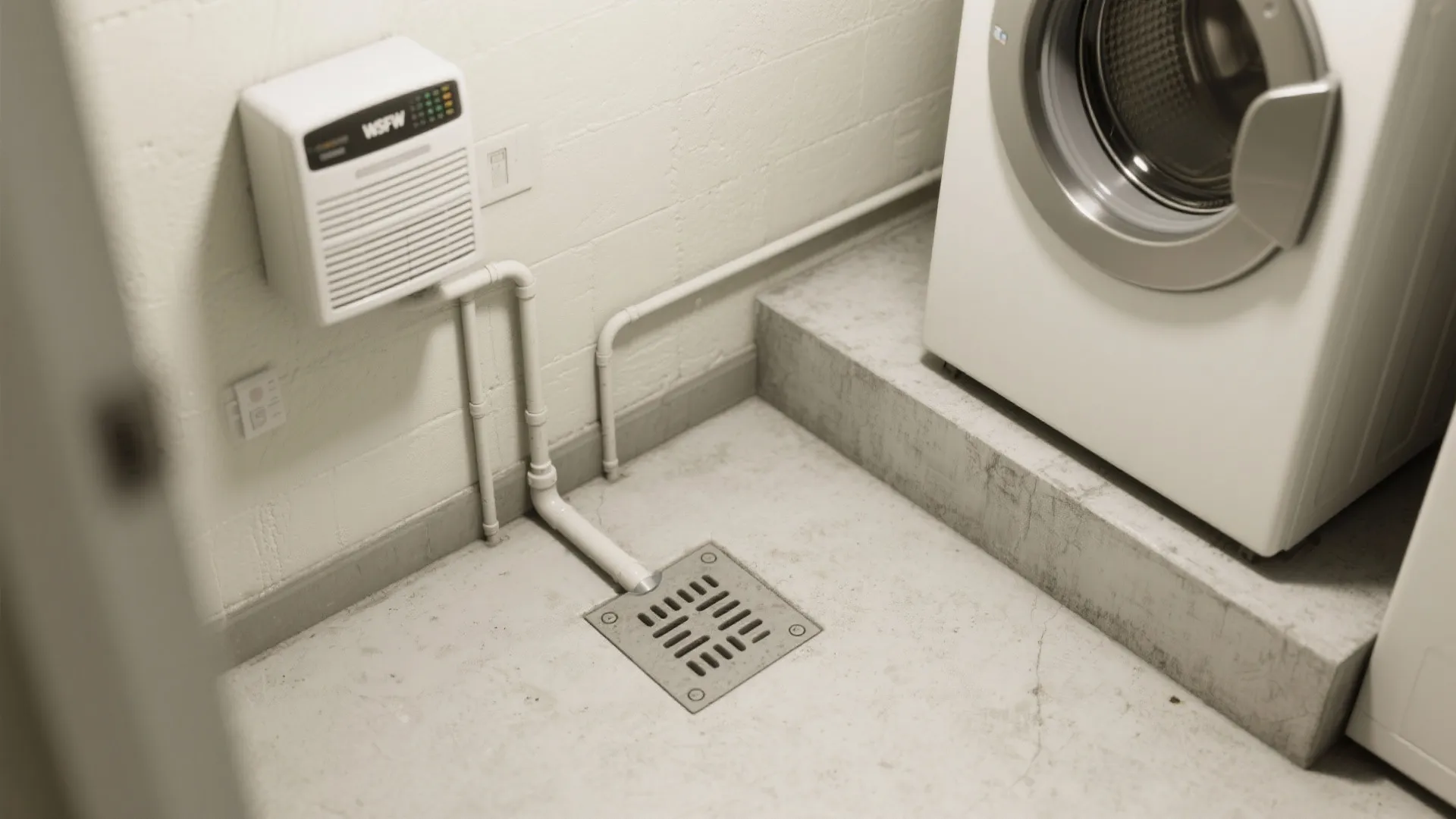 Washing machine on concrete floor near metal square drain with white pipes and wall unit