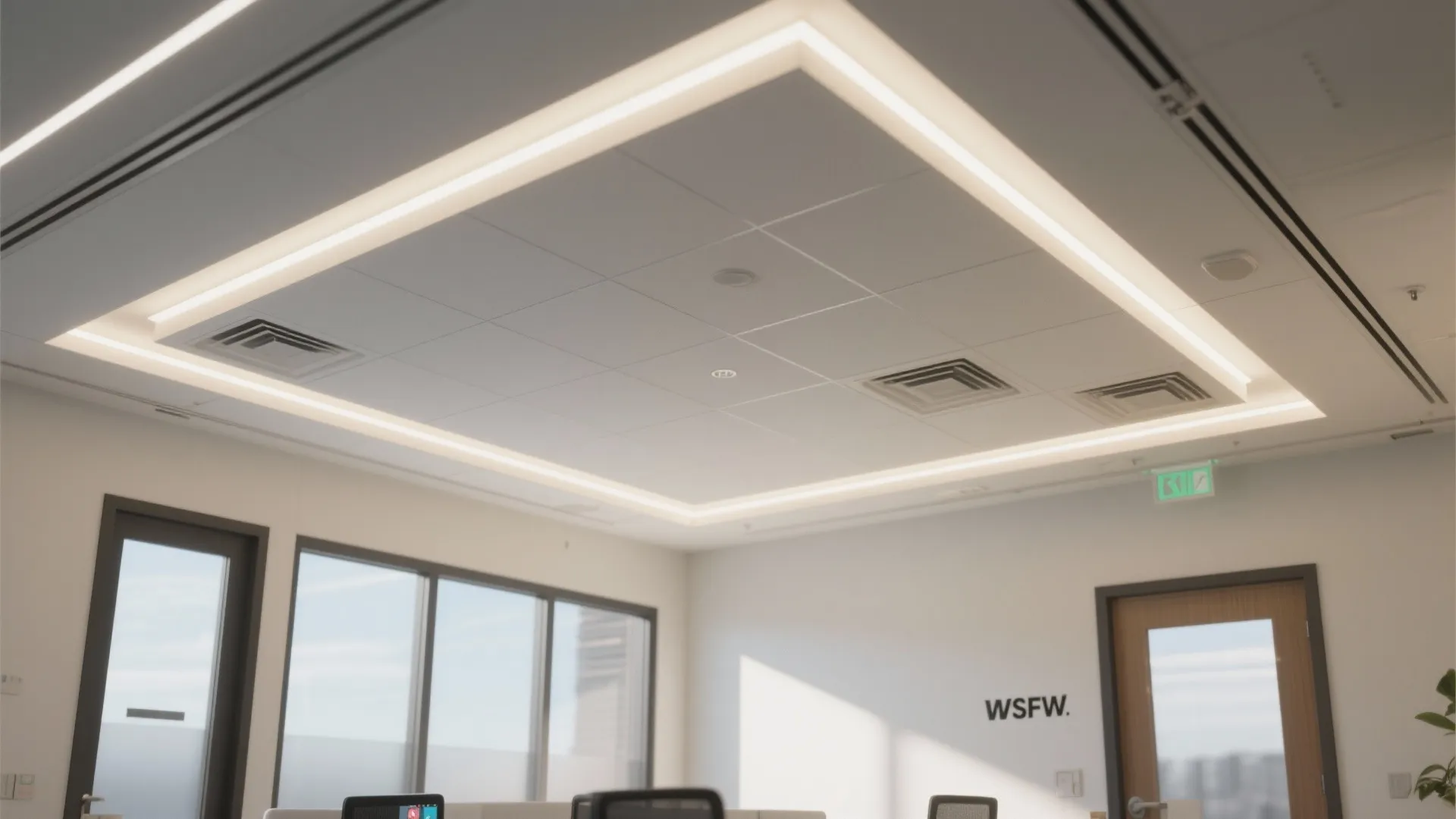 Modern office interior with white square ceiling light fixture above desks with computers and windows