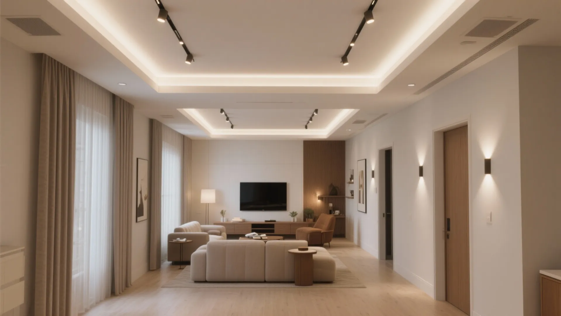 Perimeter drop ceiling frames living room zones with hidden curtain track, dimmable downlights, and soft drapery wash