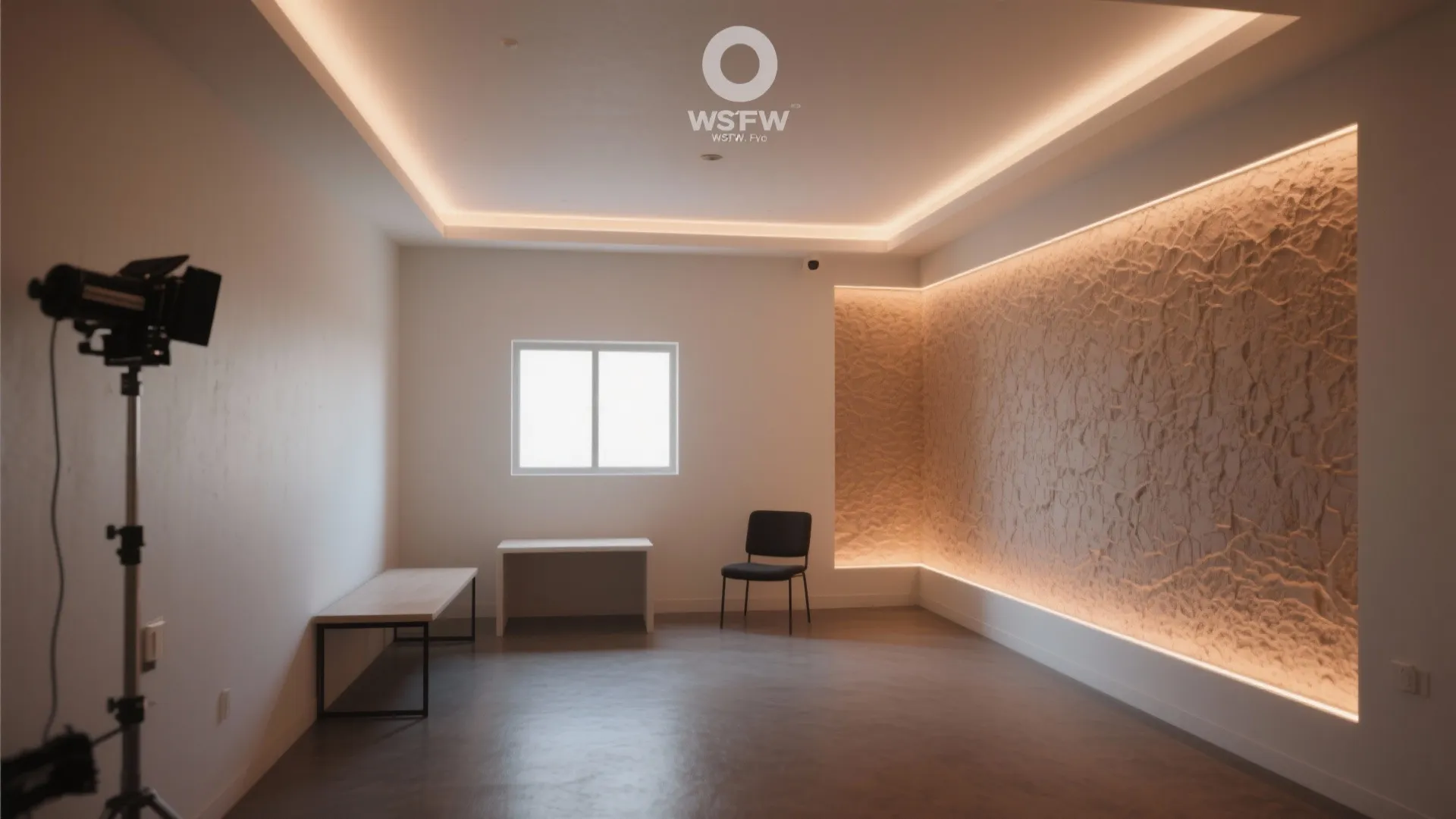 Studio room with perimeter recessed lights creating the illusion of wider walls.