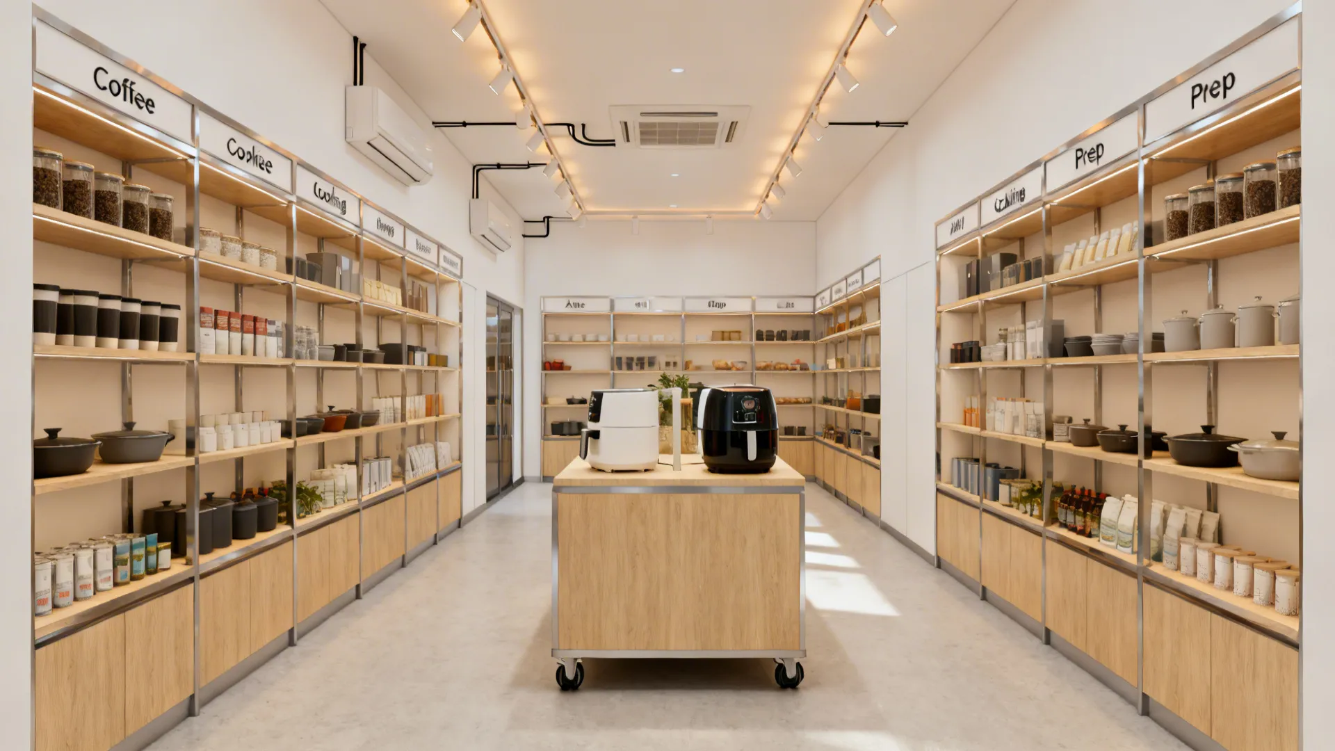Bright kitchen storage room with wooden shelves holding jars and island with two air fryers