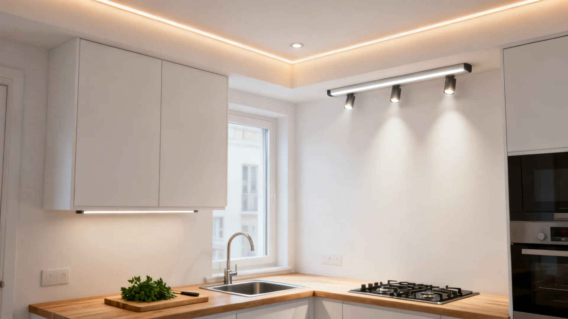 Low-ceiling kitchen with LED cove perimeter and clustered recessed task lights over work zones.
