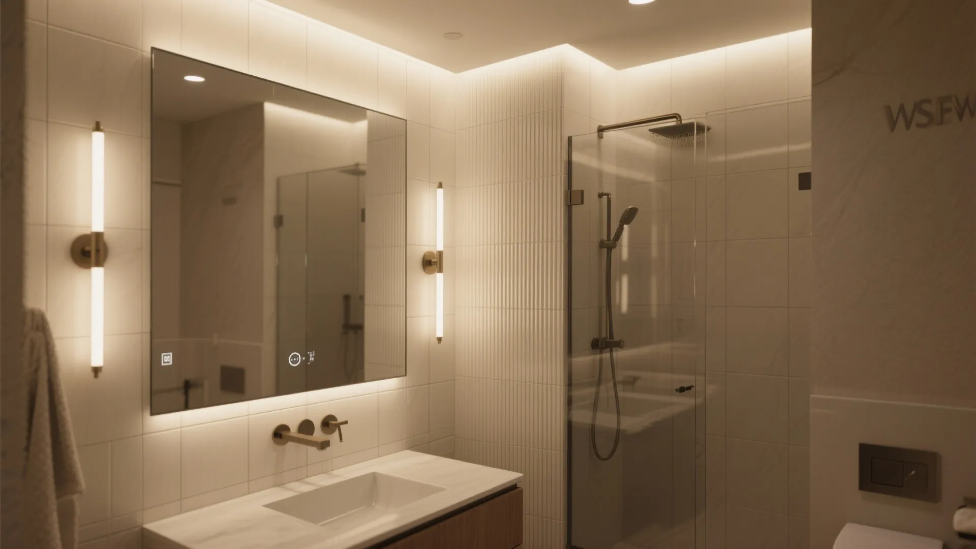 Modern bathroom with large mirror warm wall lights white tiled walls and glass shower door