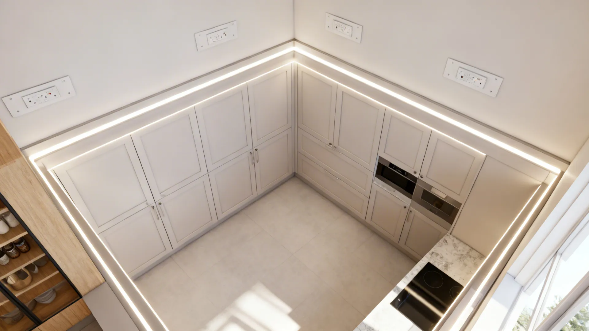 Top-down view of a small kitchen ceiling plan with perimeter LED channels and discreet access panels.
