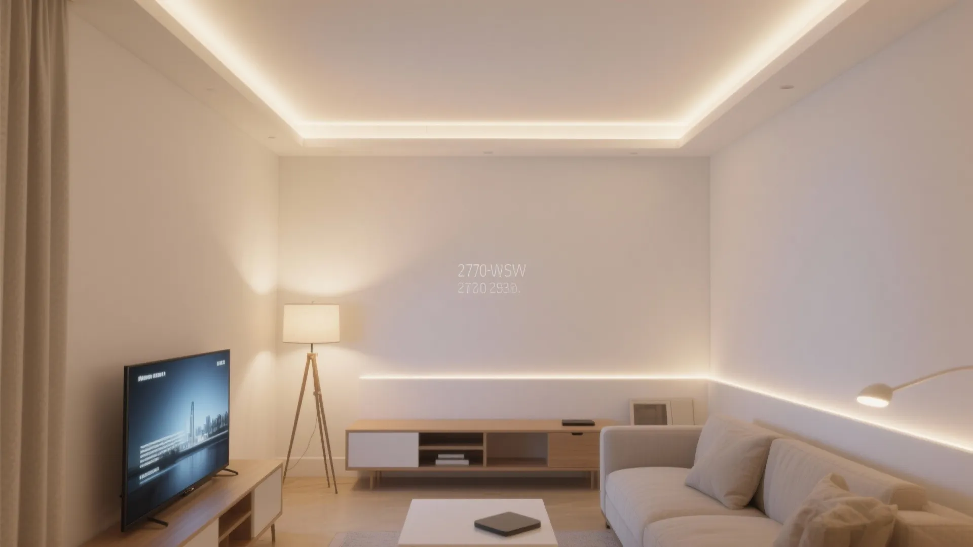 Minimalist living room with recessed ceiling light floor lamp sofa cabinet and wall wash lighting