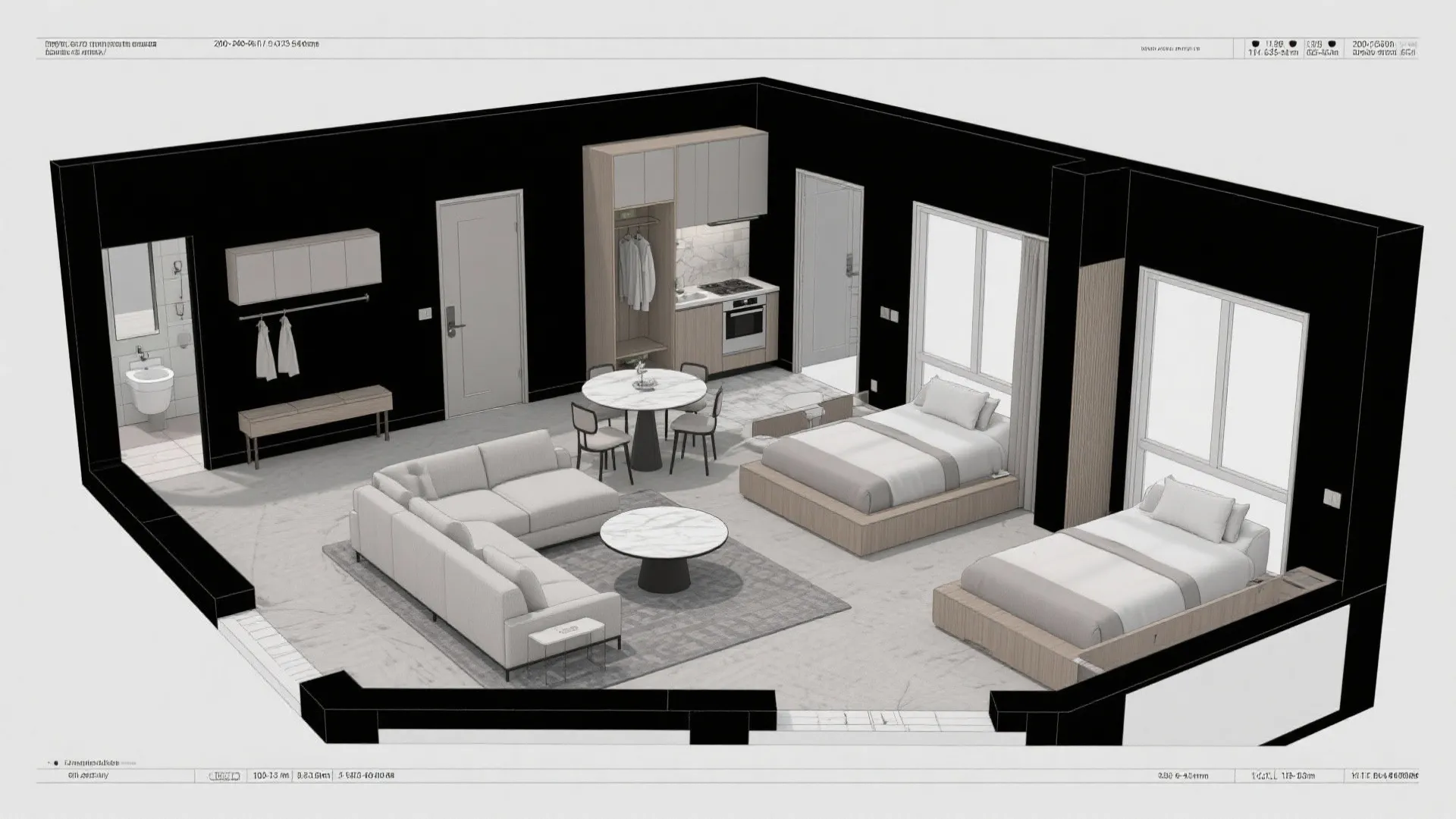 Interior design drawing of a studio apartment with grey sofa dining table and two beds