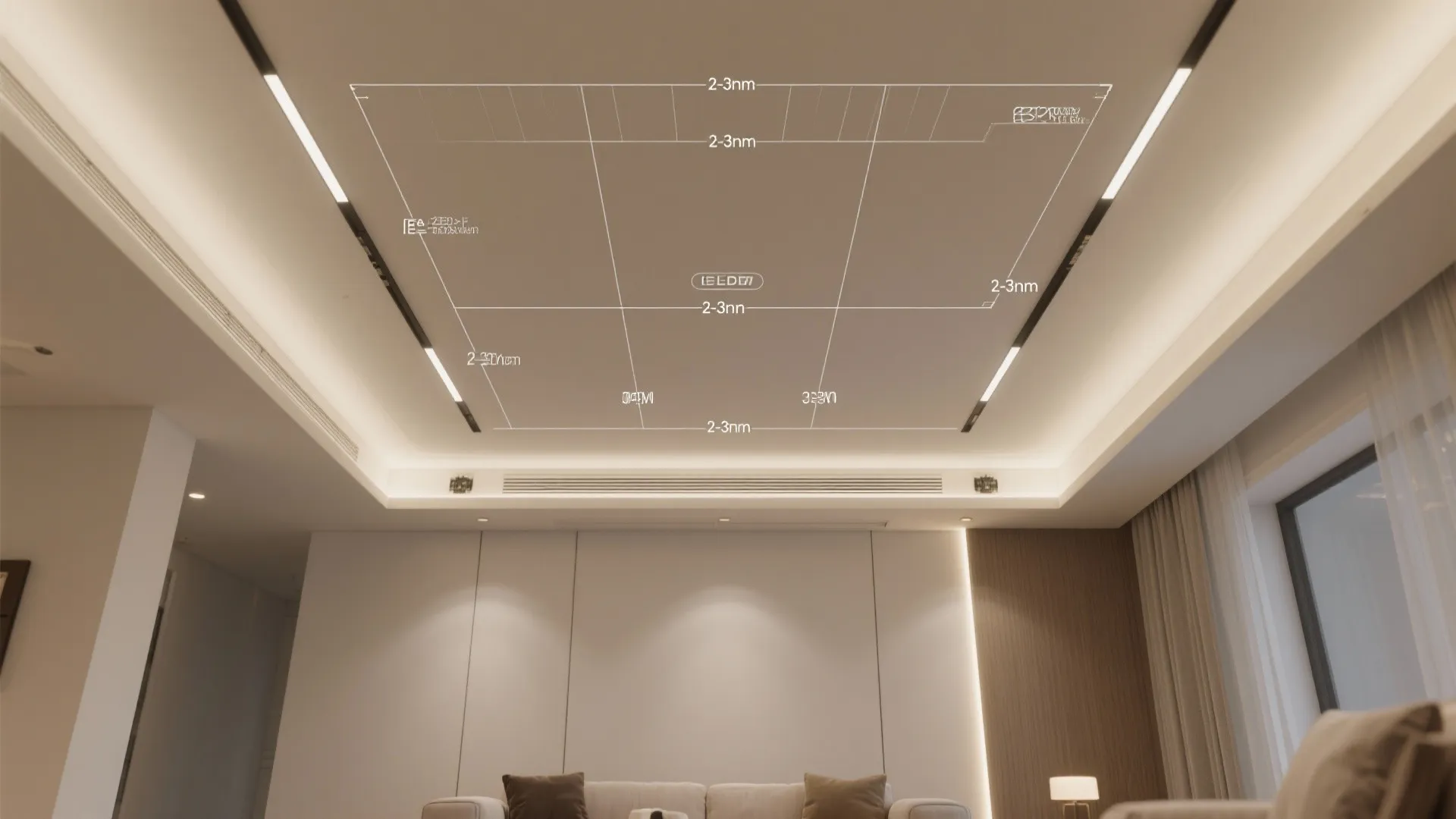Interior design drawing showing ceiling light measurements and layout above a white sofa and wall