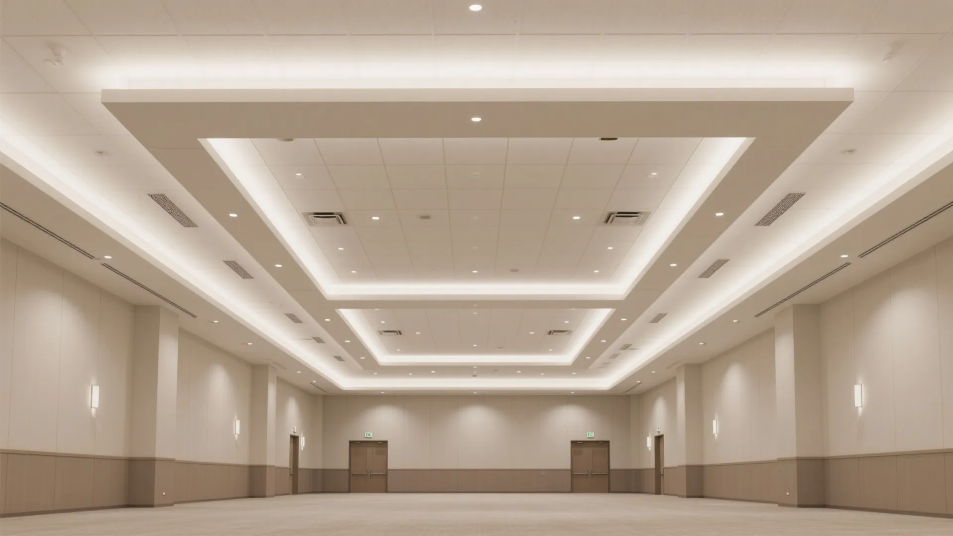 Top-down plan view of a hall ceiling with perimeter cove lighting and clean breaks at intervals.