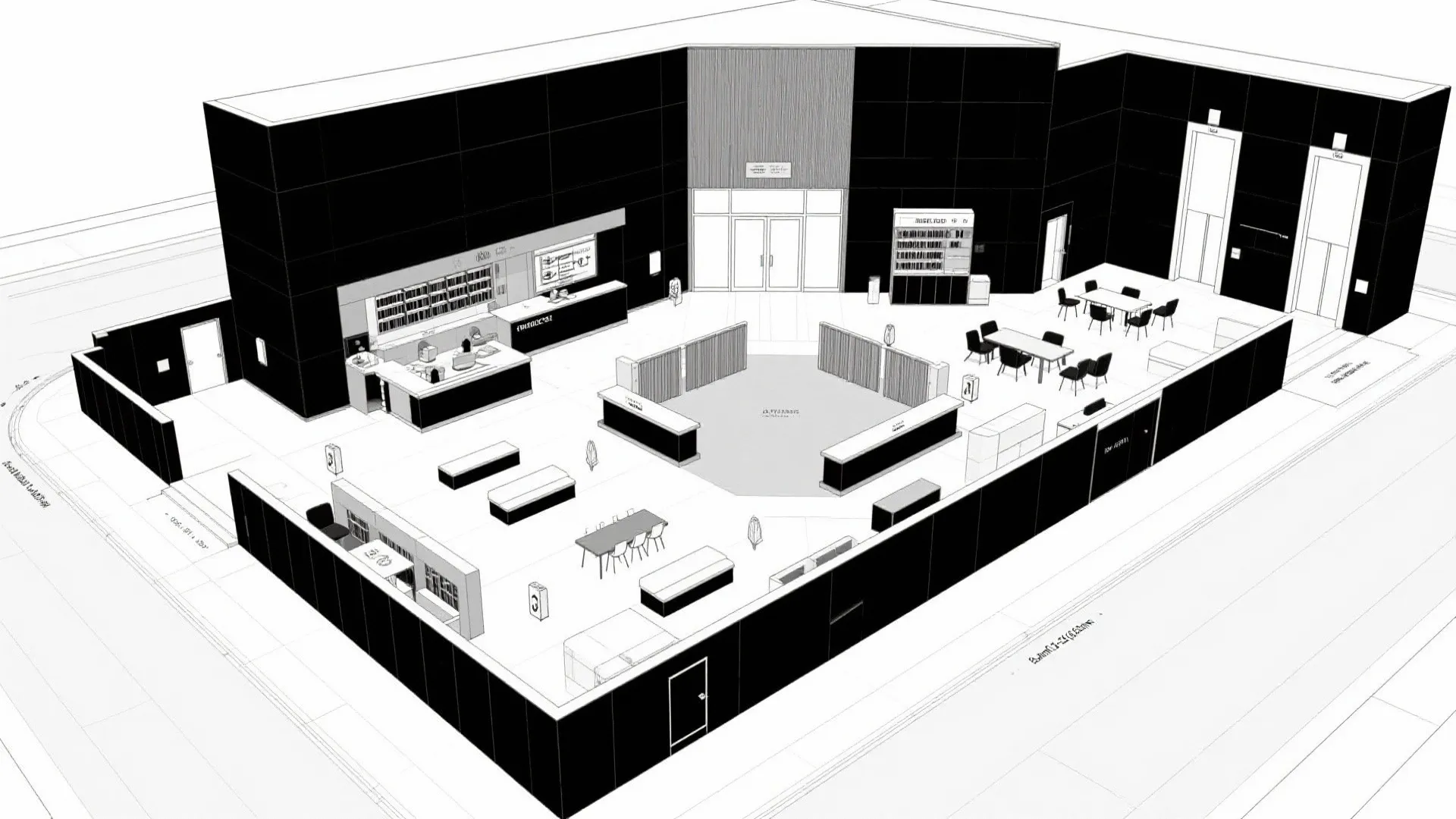 Top-down CAD plan of lobby with perimeter programs and a calm central core