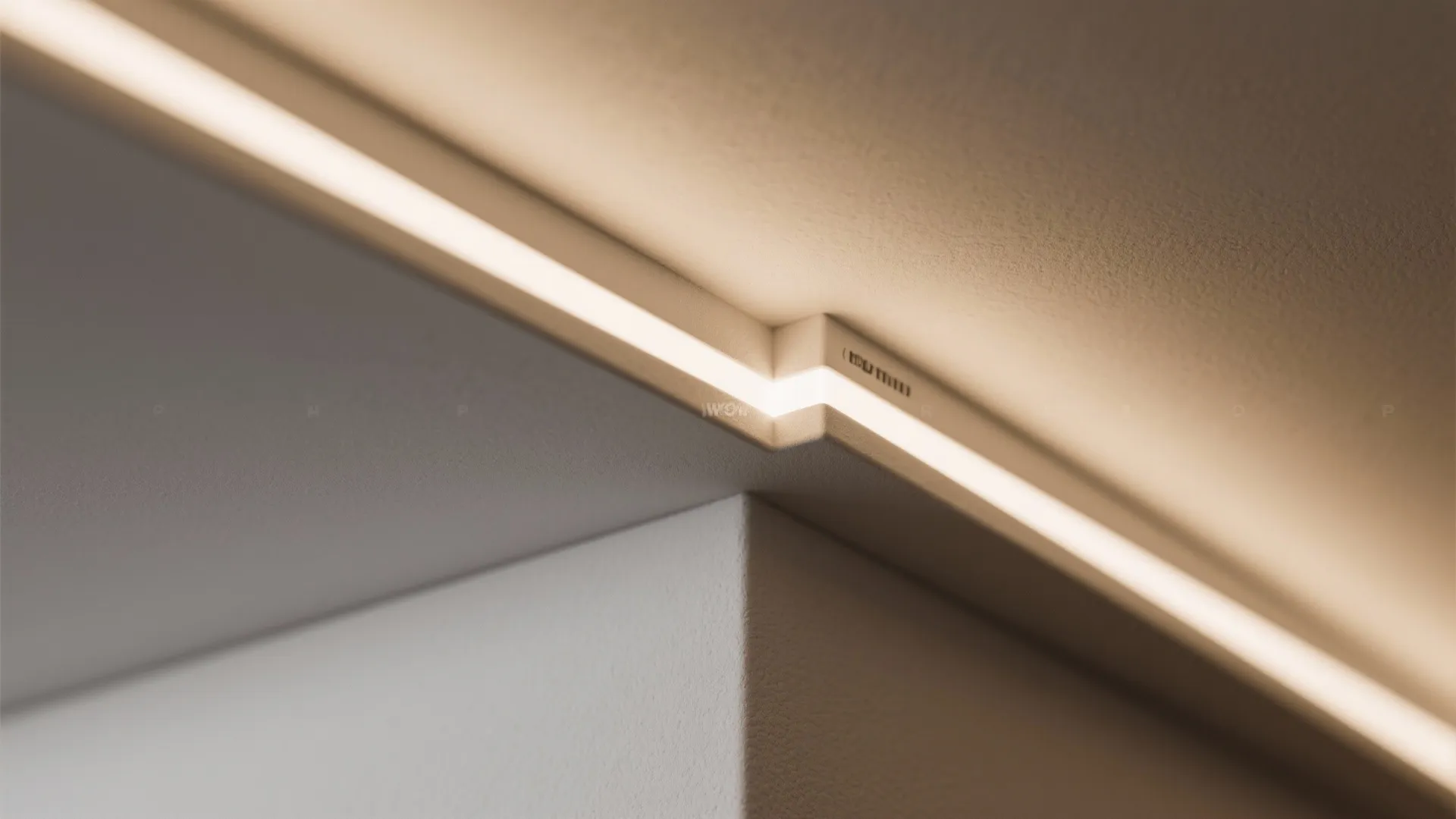 Macro detail of floating POP ring ceiling with hidden linear LED and crisp corner.