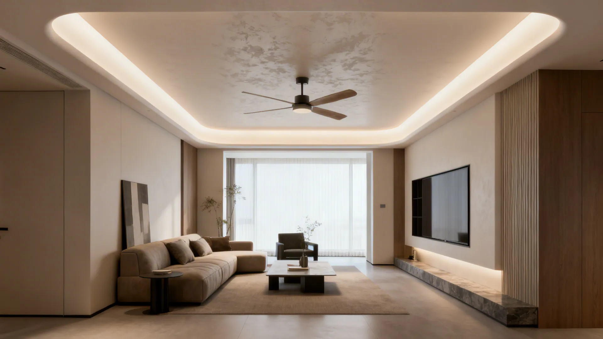 Modern living room with brown sofa large television wall panel and a lighted ceiling fan