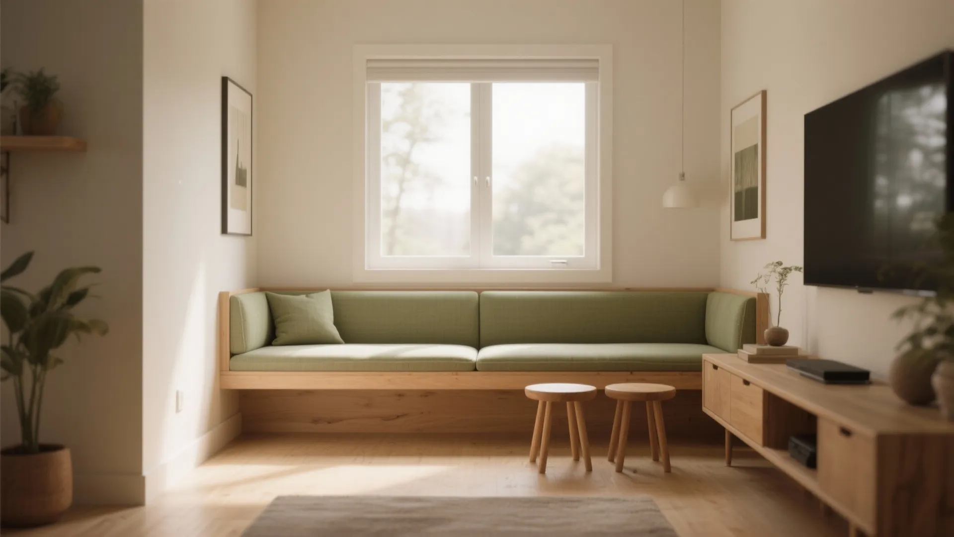 Modern living room featuring green built-in sofa under window with wooden stools and television cabinet